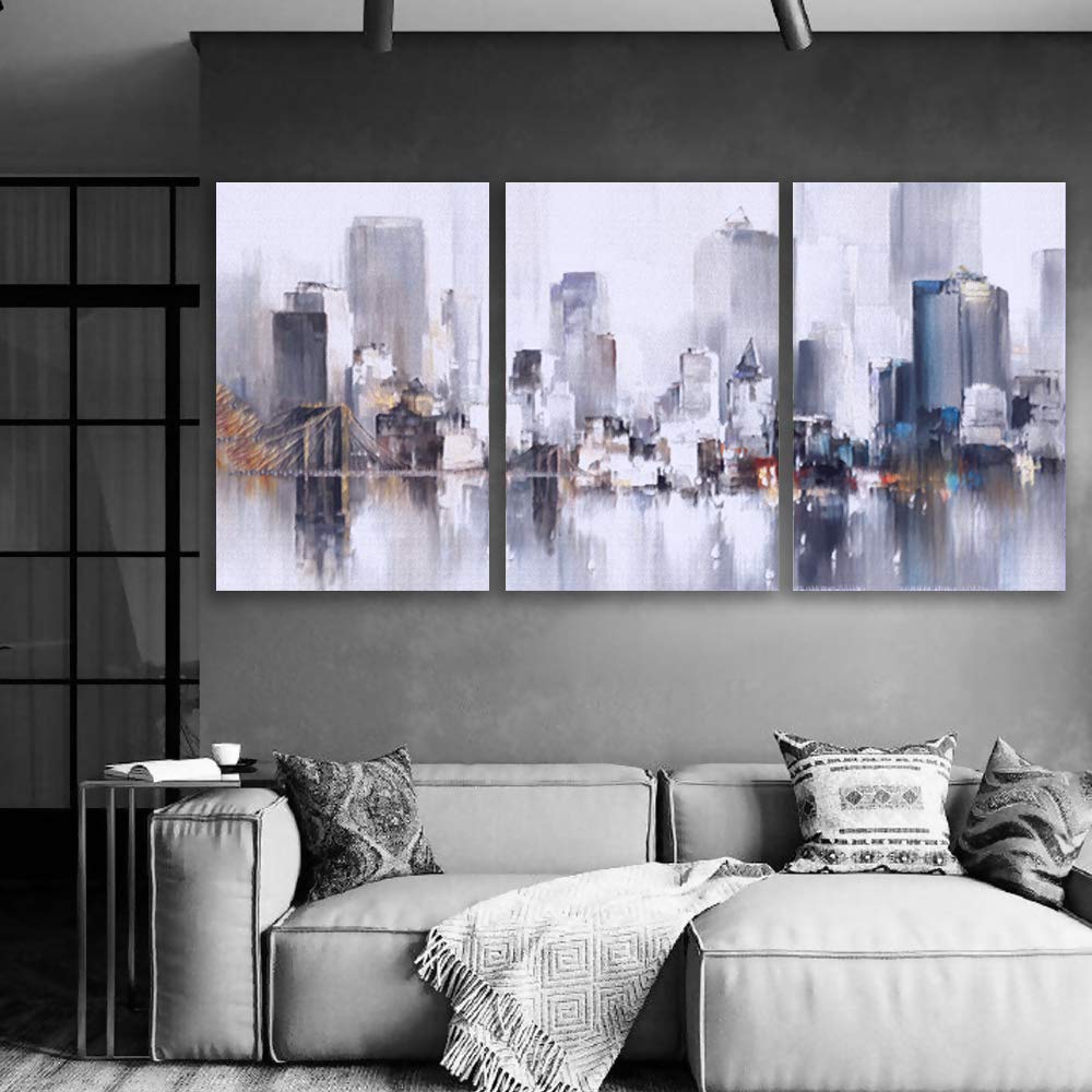 Wall26 - 3 Panel Abstract City Skyline Canvas Wall Art - Modern Oil Painting for Living Room & Bedroom - Stretched & Framed Ready to Hang - 24