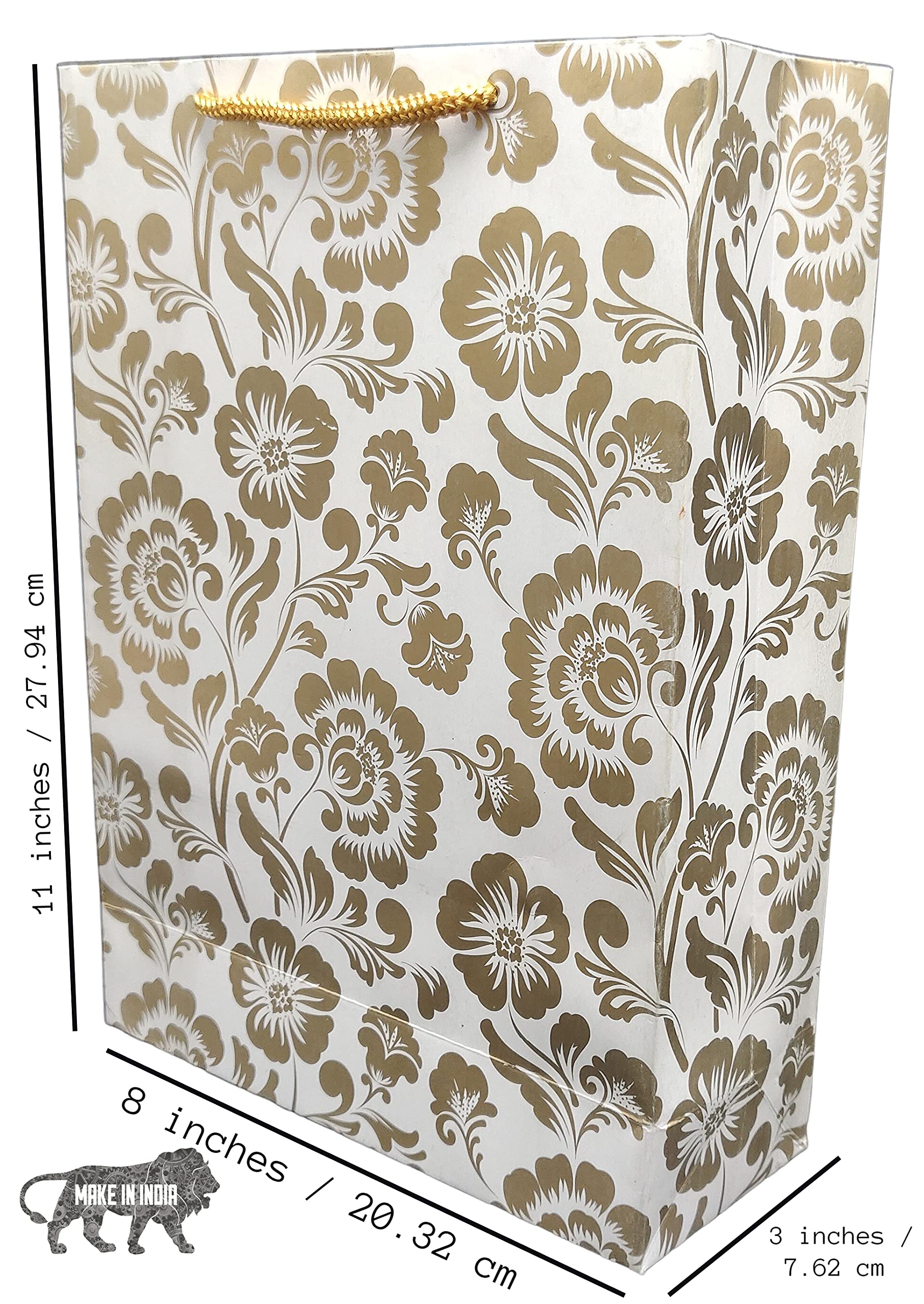 Premium Gold Flower & Mandala Printed Gift Bags - 10 Pack Elegant Paper Carry Bags for Birthday, Wedding, Baby Shower & Party Favors (28x20x7.5cm) - Perfect for Gift Wrapping, Return Gifts & Special Occasions