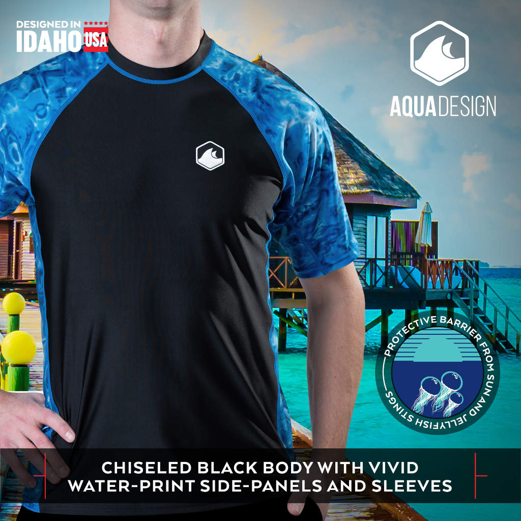 Men's UPF 50+ Short Sleeve Rash Guard Swim Shirt - Quick Dry UV Protection Aqua Design for Surfing, Swimming & Beach Activities