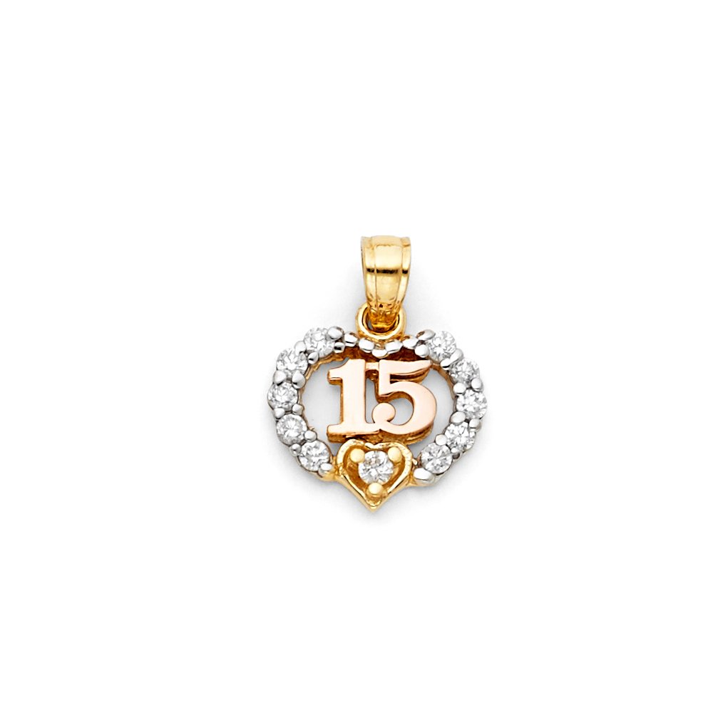 14K White & Yellow Two-Tone Gold 15th Birthday Heart Pendant - 13mm x 12mm Quinceañera Jewelry Gift for Girls | Perfect for Sweet 16, Anniversary & Special Occasions