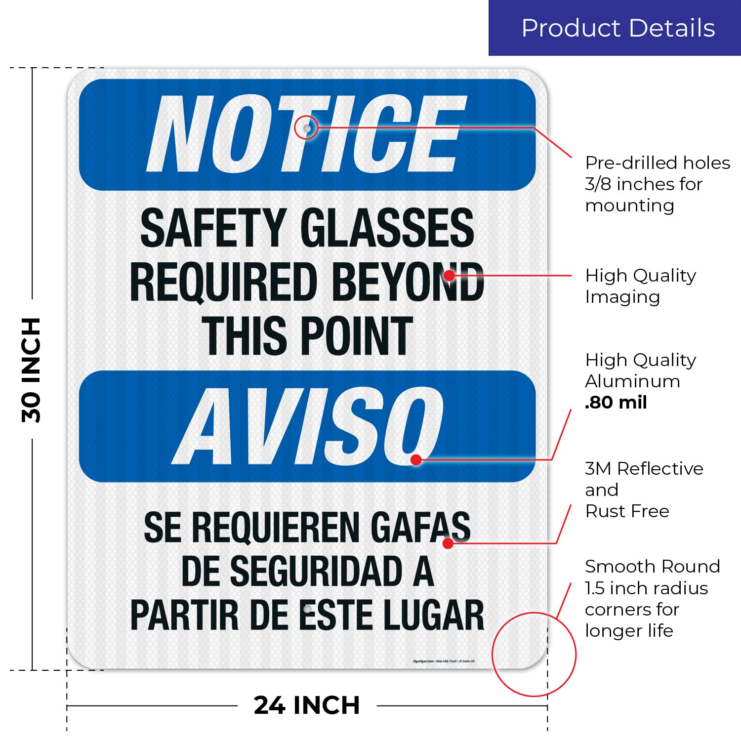 Bilingual Safety Glasses Required Beyond This Point Sign - OSHA Compliant 24x30 Inches, 3M EGP Reflective .080 Aluminum, Fade Resistant for Indoor/Outdoor Use - Made in USA | Workplace Safety, Construction Zones & Hazard Areas