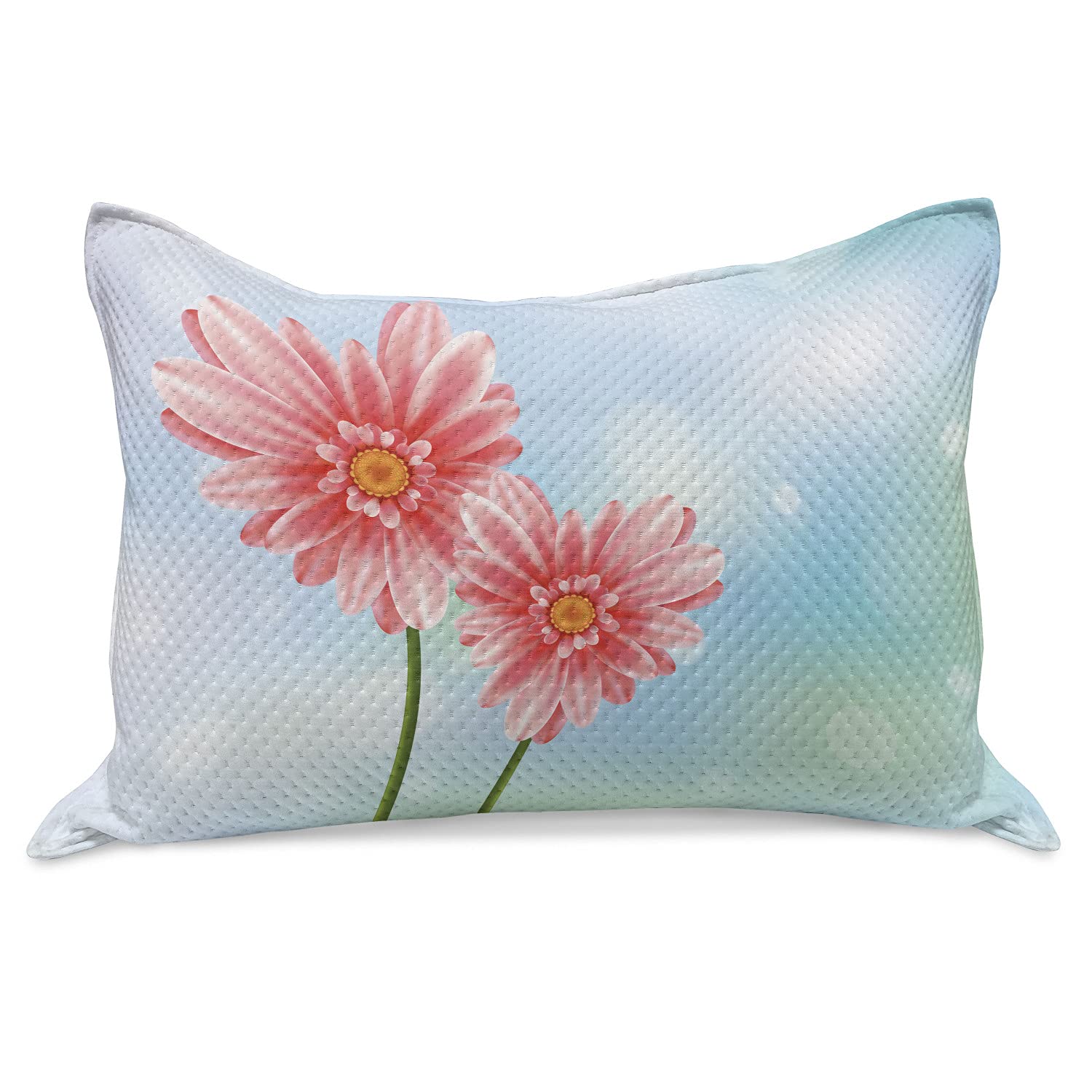 Ambesonne Gerbera Knitted Quilt Pillow Cover - Abstract Heart Floral Petals Design on Pastel Bokeh Backdrop, Standard Queen Size 30x20 Inches, Coral & Multicolor - Perfect for Bedroom Decor, Living Room Accent, or Gift Idea