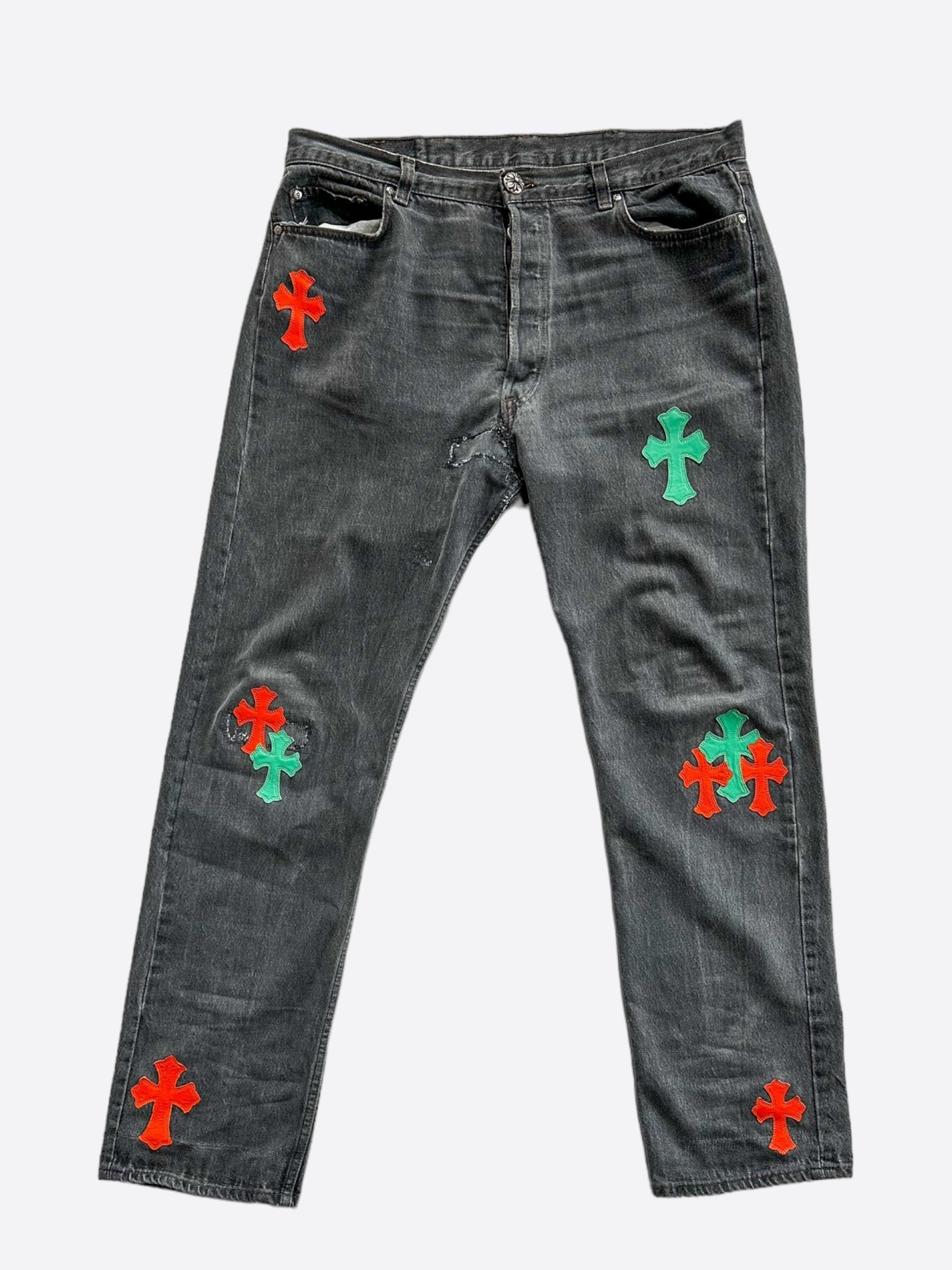 Chrome Hearts x Levi's Miami Patch Jeans - Grey, Green & Orange Distressed Denim for Men | Vintage Style Streetwear & Casual Outfits