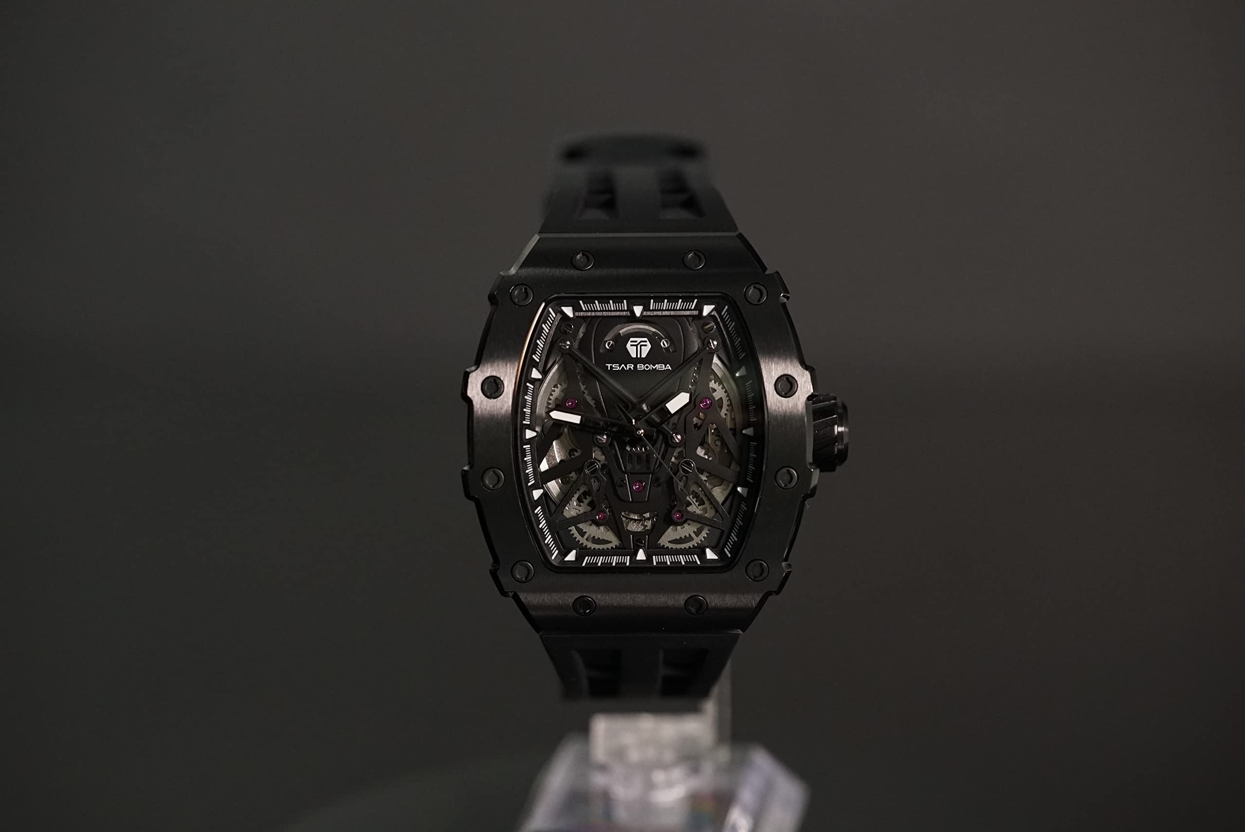 TSAR BOMBA Men's Luxury Automatic Skeleton Watch - Silver Tonneau Square Big Face with Silicone Strap, 50M Waterproof Analog Watch for Business & Casual Wear - Perfect for Office, Date Night & Special Occasions