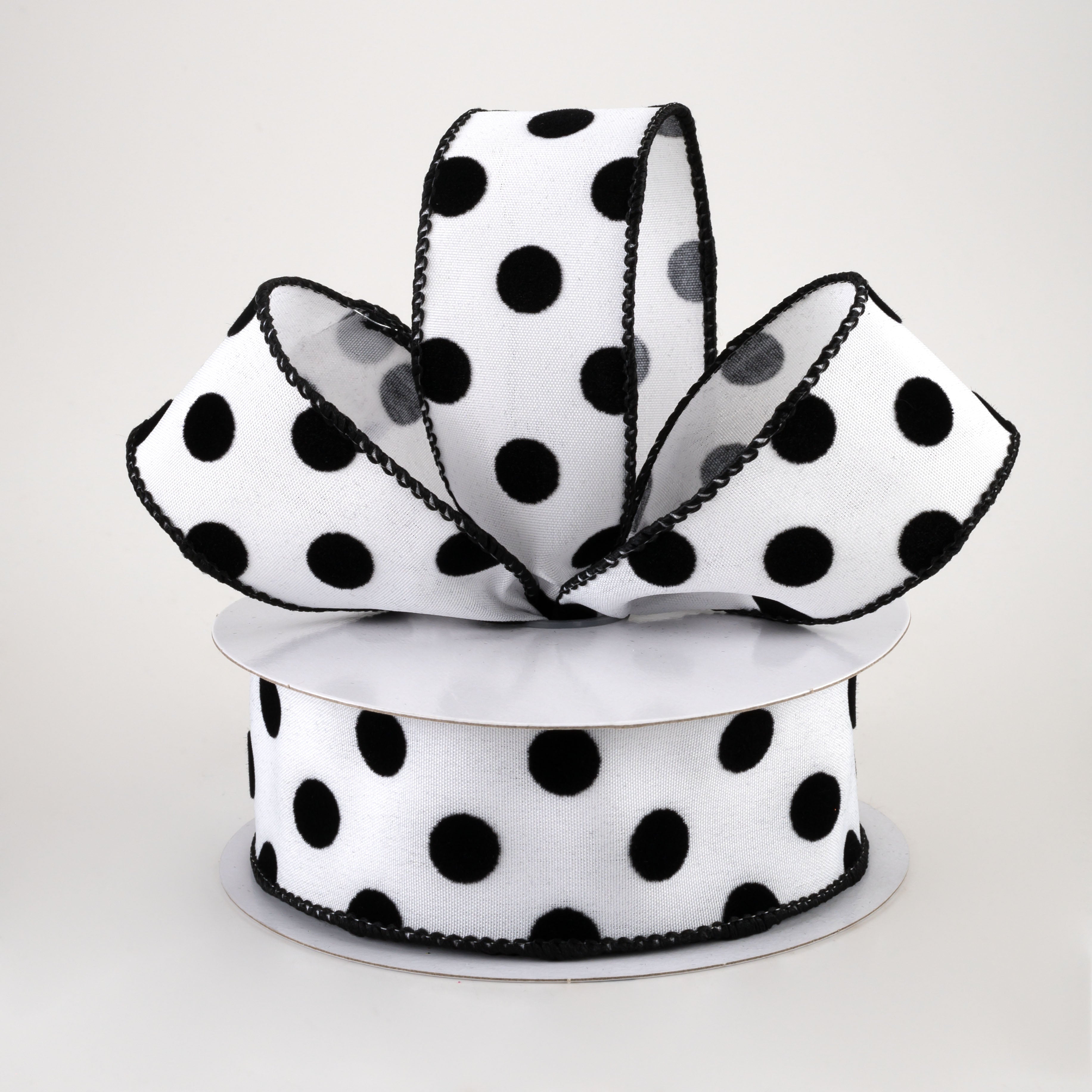 1.5 Inch Flocked Dots Ribbon - White & Black Polka Dot Decorative Ribbon (10 Yards) for Gift Wrapping, Party Decorations, DIY Crafts and Scrapbooking