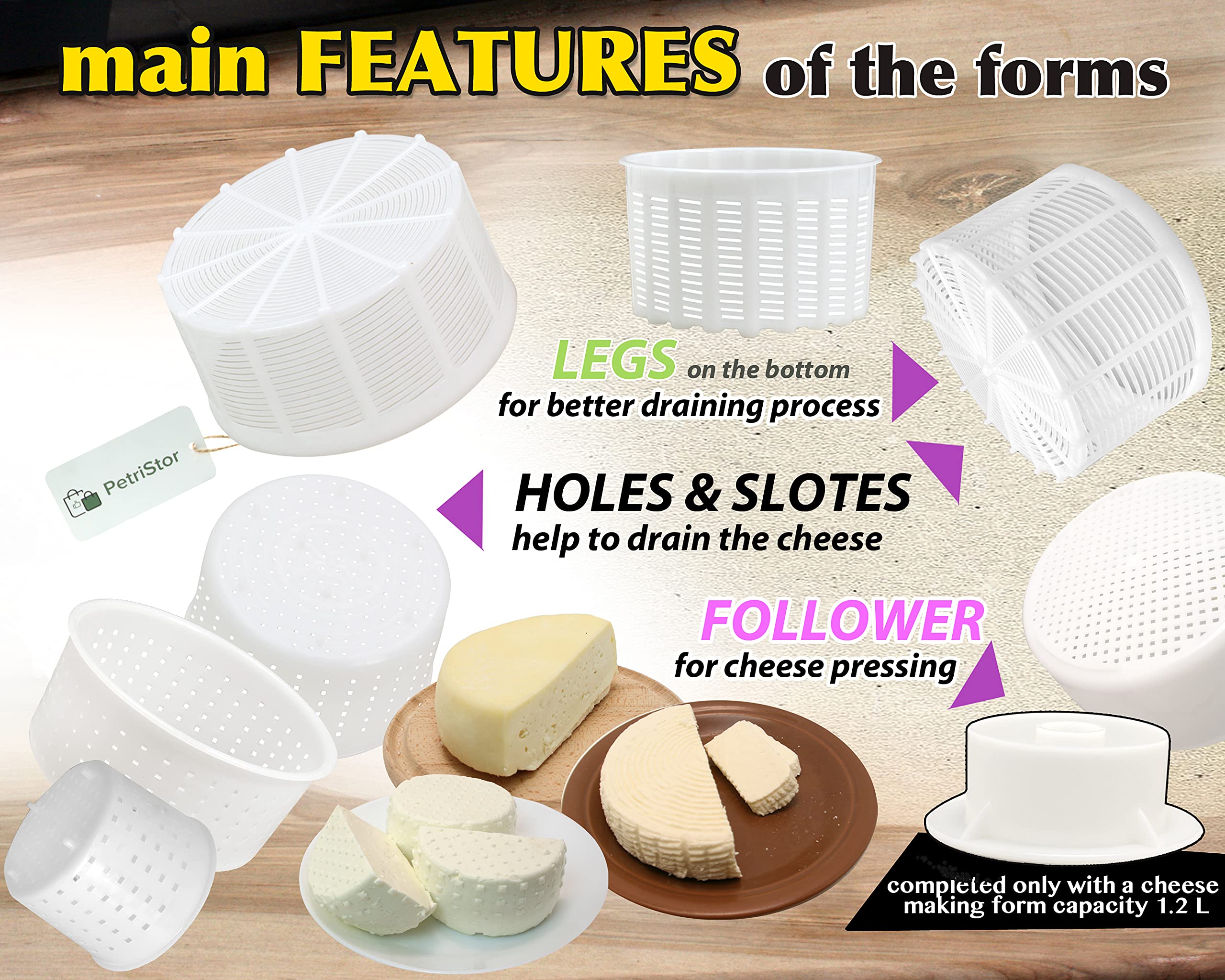PetriStor 7-Piece Cheese Making Kit for Beginners - Soft Cheese Molds with Follower Piston - Cream Cheese Form Mold Basket - DIY Homemade Mozzarella, Ricotta & Goat Cheese Supplies (Perfect for Home Cheesemaking, Gifts & Culinary Classes)