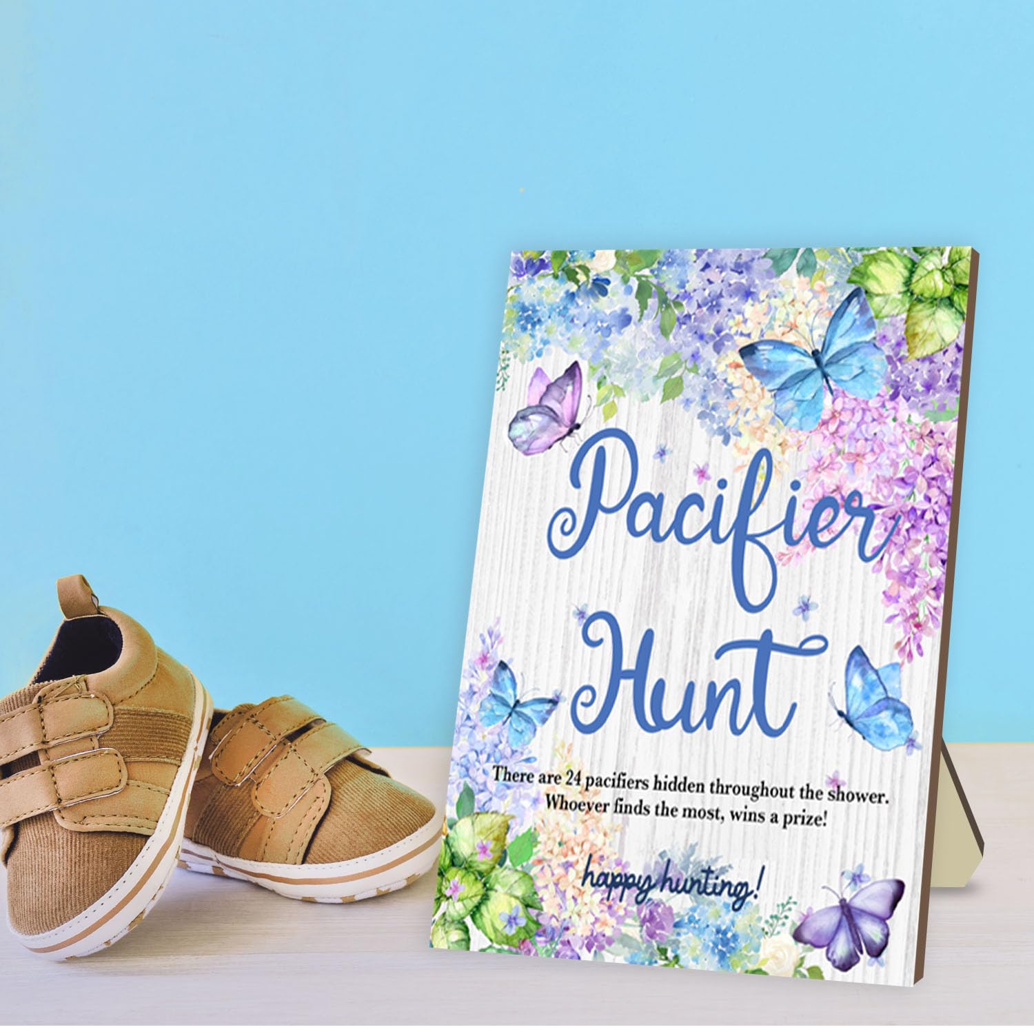 Baby Shower Pacifier Hunt Game Set - 50 Blue Acrylic Pacifiers with Wooden Sign & Butterfly Design for Gender Reveal Parties | Fun Baby Shower Activity & Nursery Decor