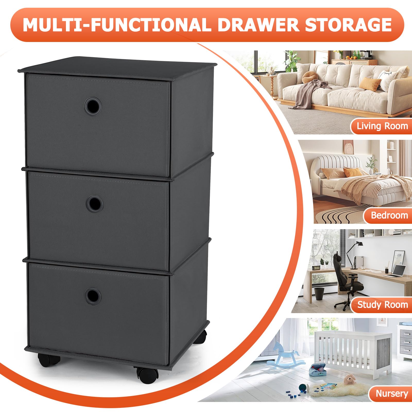 JOMOLA 3-Tier Storage Organizer - Foldable Rolling Fabric Dresser Closet for Clothes, Black - Lightweight Wardrobe Organizer for Bedroom, Living Room & Nursery - Perfect for Small Spaces, Dorm Rooms & Apartment Storage