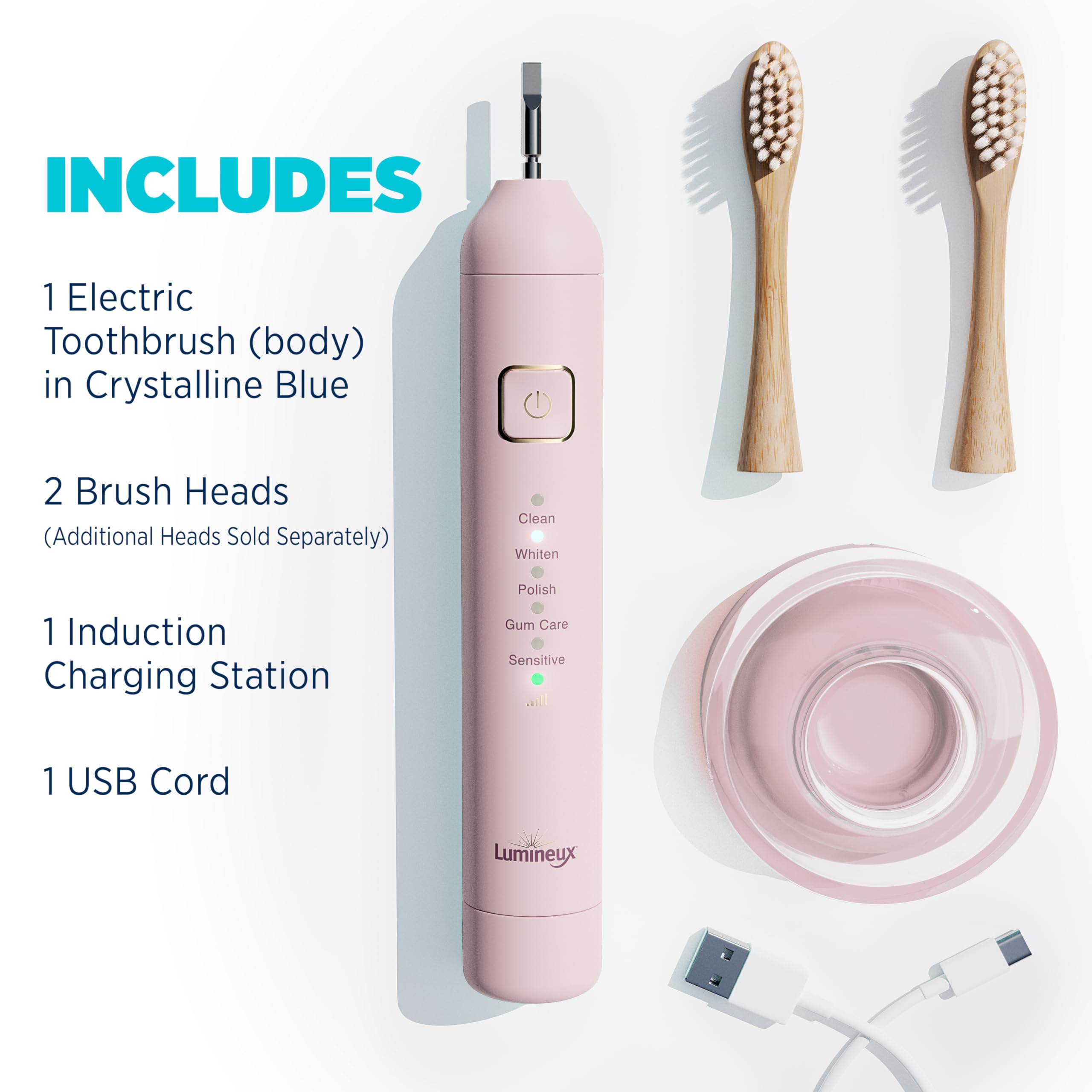 Lumineux Sonic Bamboo Electric Toothbrush for Adults - Teeth Whitening with 2 Soft Bristle Replaceable Heads, Charging Station & USB Cord - Rechargeable Bloom Pink Toothbrush for Home & Travel Use