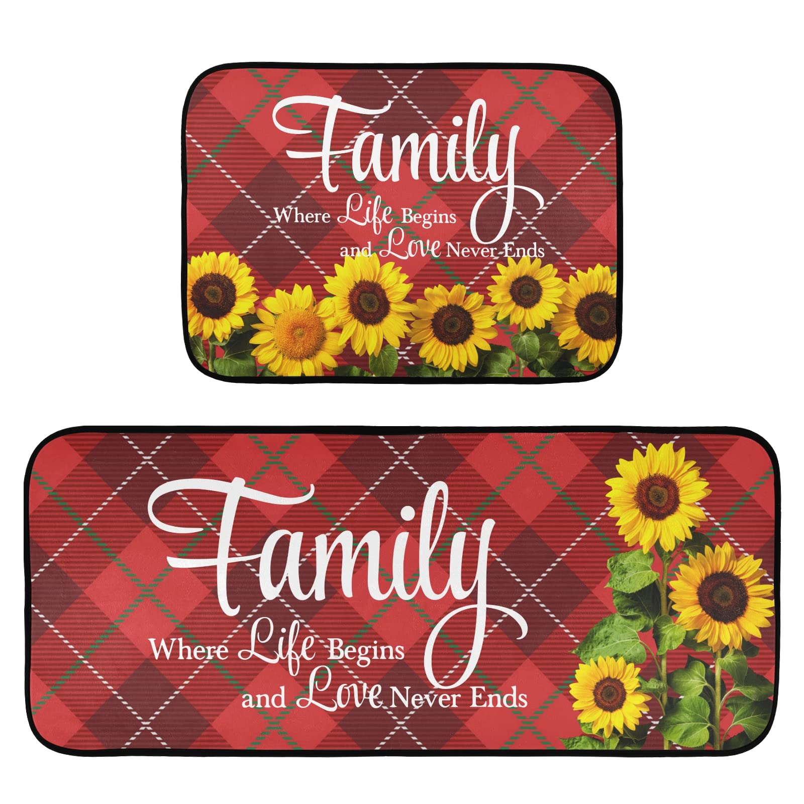 Buffalo Plaid Check Sunflower Red Kitchen Rugs Set of 2 - Non-Slip Floor Mats for Kitchen, Standing Desk, Doormat, Bathroom & Bedroom - Washable Home Decor Runner for Cozy Farmhouse Style | Perfect for Entryways, Cooking Areas & High-Traffic Spaces