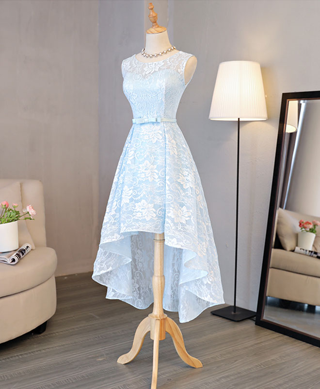 Light Blue Lace High Low Prom Dress for Women - Elegant Homecoming Party Gown with Floral Appliques - Perfect for Prom Night, Homecoming Dance, and Formal Occasions