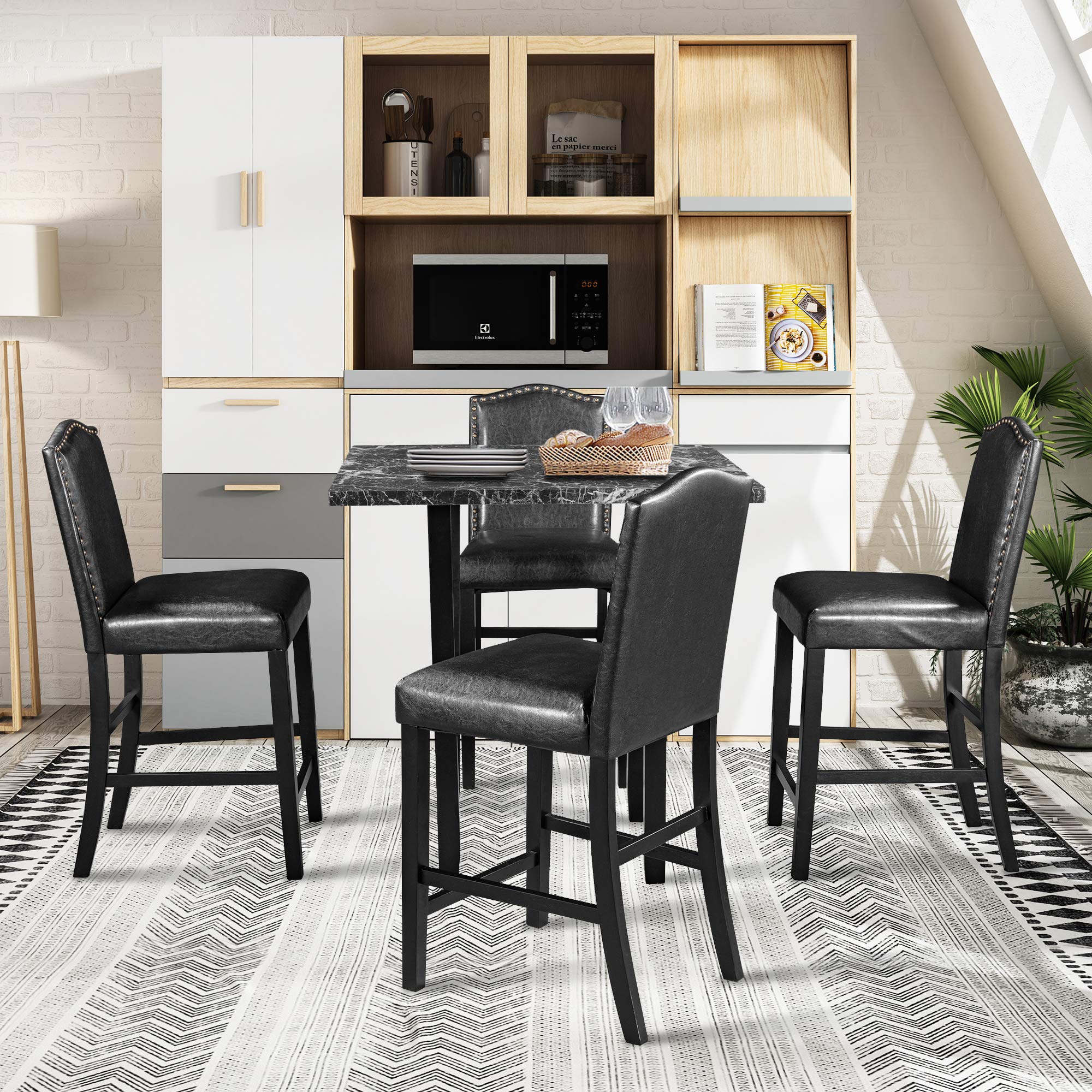 P PURLOVE 5-Piece Counter Height Dining Set - Laminated Faux Marble Table & 4 Upholstered Chairs - Modern Kitchen & Small Space Dining Room Furniture - Perfect for Breakfast Nooks, Apartments, and Compact Homes