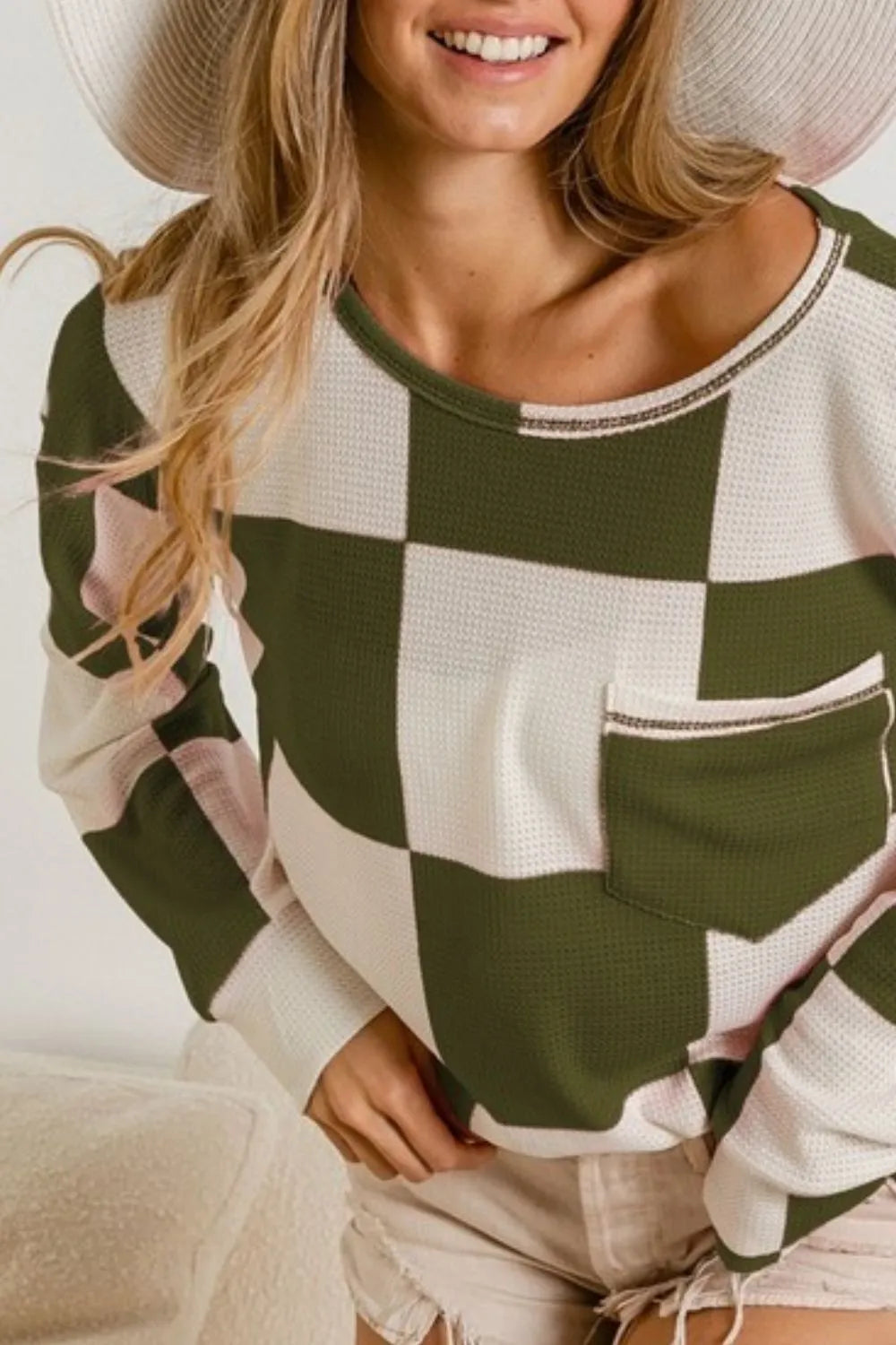 BiBi Checker Printed Hacci Knit Top with Front Pocket - Stylish Casual Wear for Women | Perfect for Everyday Outfits, Office Looks & Weekend Brunch