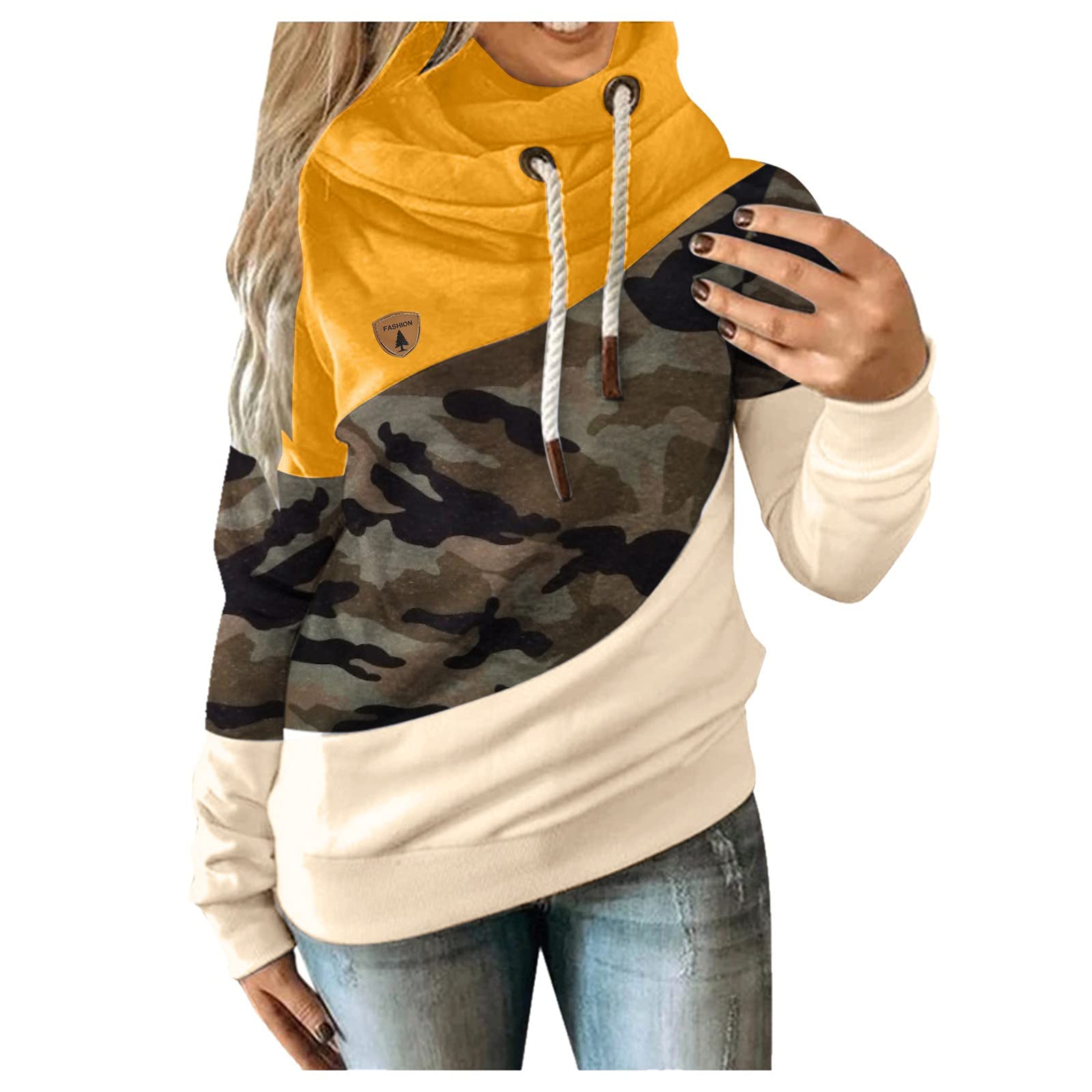 Women's Long Sleeve Contrast Strap Camouflage Zip Up Hoodie - Casual Pullover Sweatshirt for Streetwear, Gym & Outdoor Activities