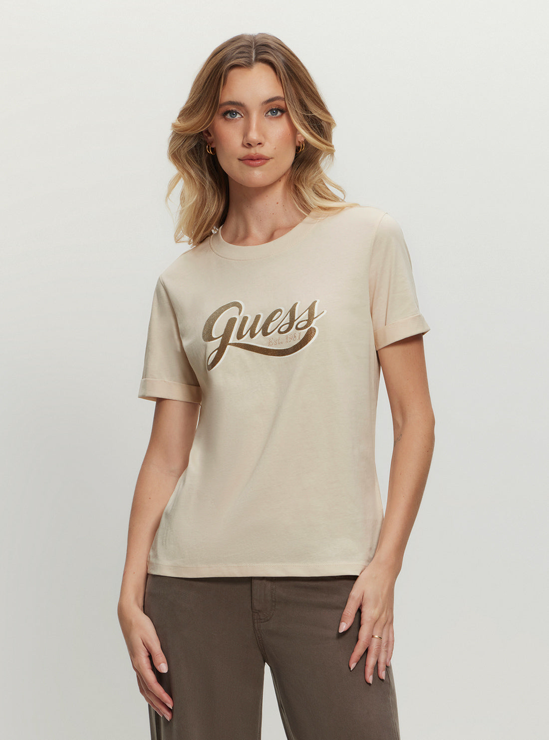 Eco-Friendly Beige Glitter Logo T-Shirt for Women - Soft Cotton Casual Tee for Everyday Wear, Parties & Outings