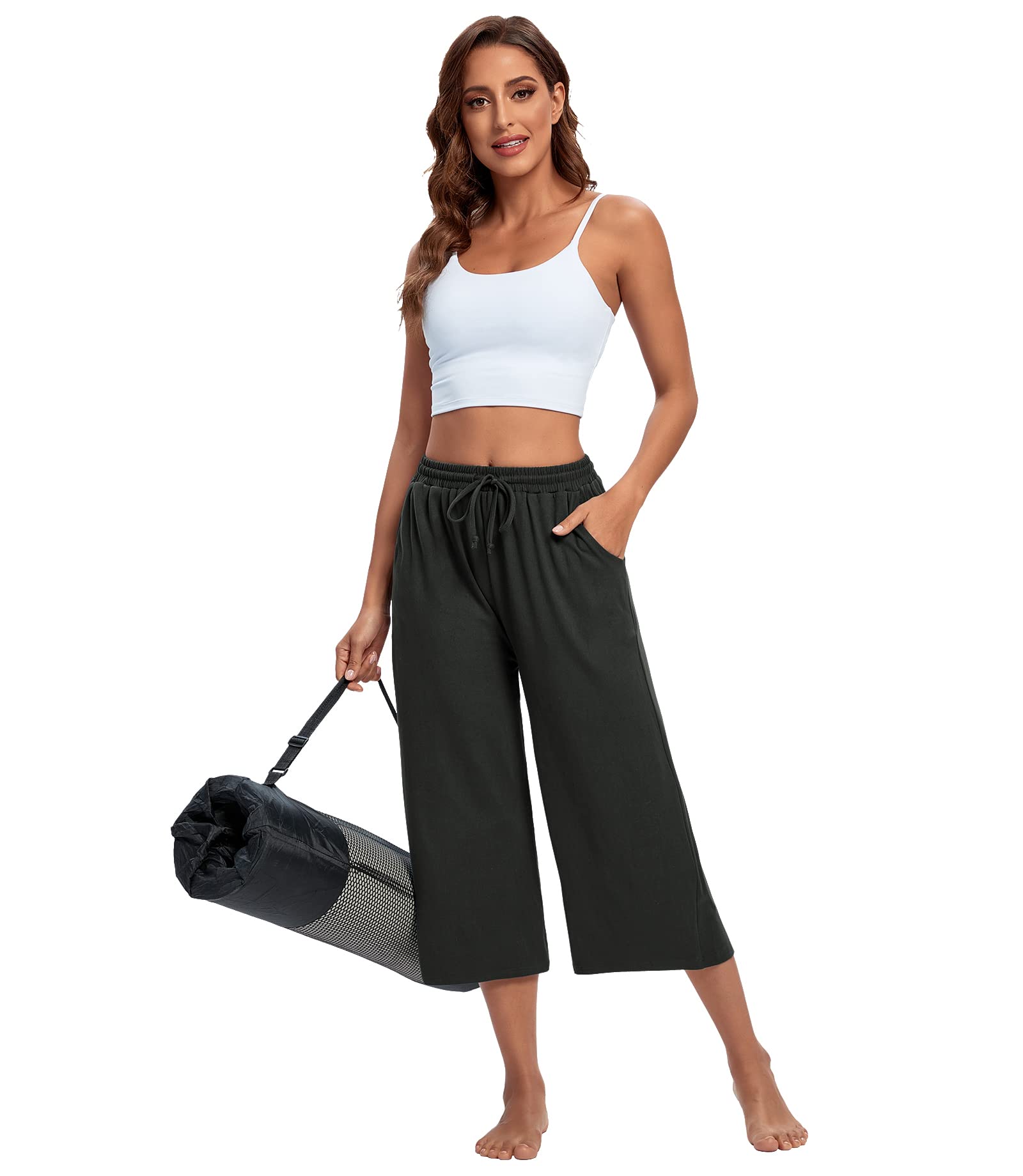 ASIMOON Women's Capri Yoga Pants - Wide Leg Lounge Pants with Drawstring & Pockets - Comfortable Workout Sweatpants for Yoga, Running, Gym & Casual Wear