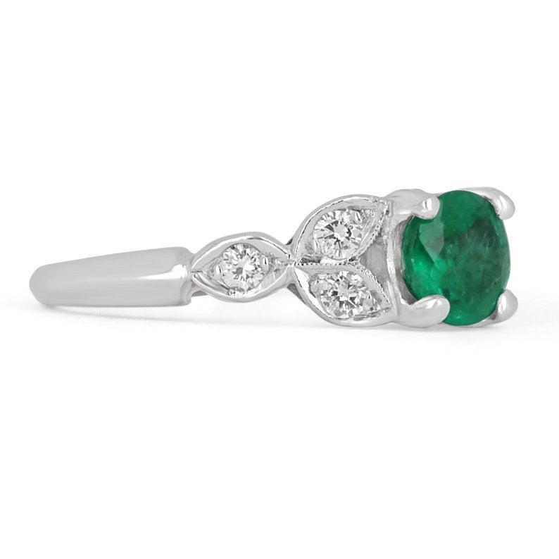 0.96 TCW 14K Gold Colombian Emerald & Round Cut Diamond Floral Ring for Women - Elegant Wedding, Engagement, Anniversary Gift Idea