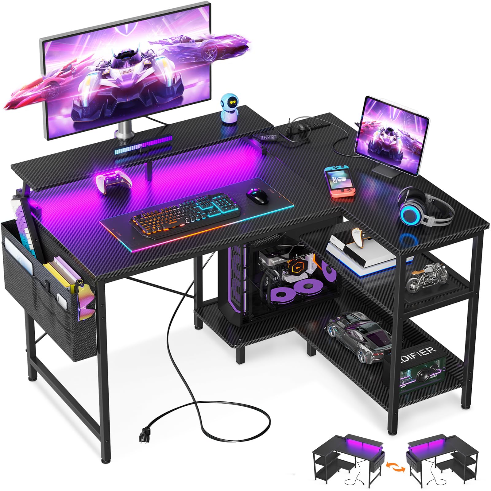 ODK 40 Inch L-Shaped Gaming Desk with USB Ports & LED Lights - Reversible Corner Computer Desk with Storage Shelves, Monitor Stand - Carbon Fiber Surface Home Office Desk for Gamers & Professionals (Black) - Perfect for Small Spaces, Streaming & Workstations