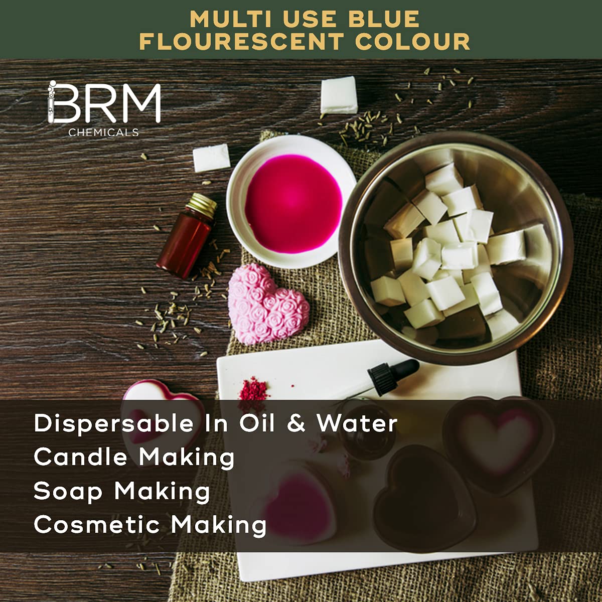 BRM Chemicals Blue Fluorescent Dye - 100g Water & Oil Soluble Pigment for Soap Making, Candles, Cosmetics, Shampoo, Lotions & DIY Beauty Products - Perfect for Bath Bombs, Nail Art & Creative Crafts