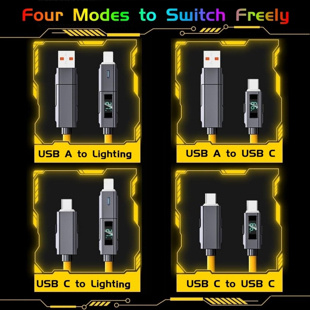 4-in-1 USB C Charging Cable with LED Display - 5ft Fast Charging & Data Sync Cable for iPhone 16/15/14/13/12, iPad, MacBook, Samsung Galaxy S24/S23/S22 - Includes Durable EVA Case & Chubby Silicone Design - Perfect for Travel, Office and Home Charging Needs