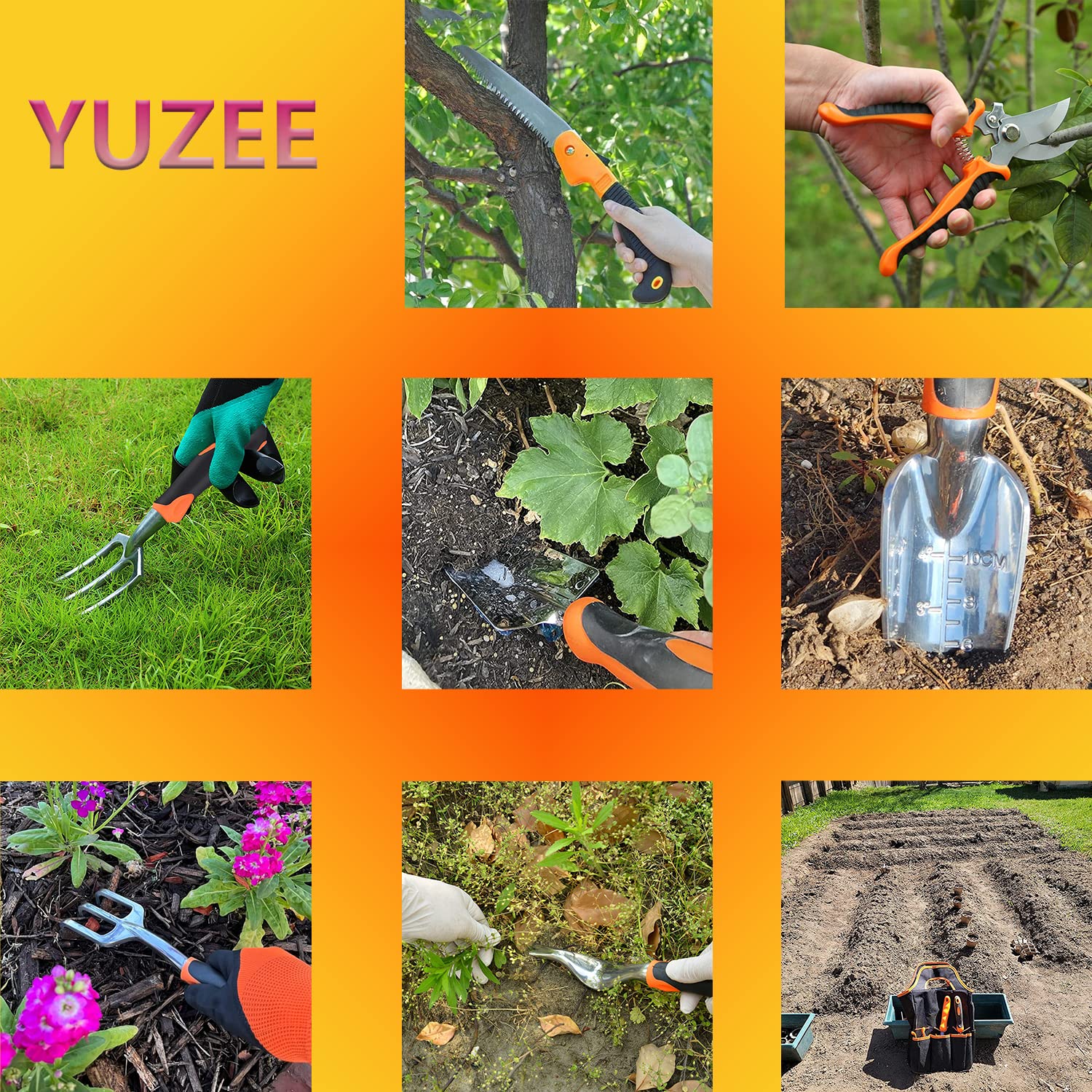 **Yuzee 9-Piece Premium Gardening Tool Set - Heavy Duty Hand Tools Kit with Gloves, Pruning Shears, Rake, Tote Bag, Trowel & Watering Can - Ideal Gift for Women & Men - Perfect for Home Garden, Backyard, Lawn & Outdoor Planting**