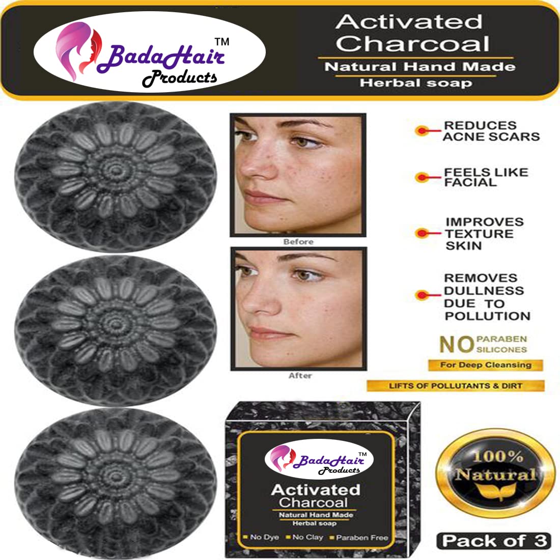 BADAHAIR® Activated Charcoal Soap for Face & Body - Natural Detox, Skin Whitening, Acne & Blackhead Treatment, Anti-Wrinkle & Anti-Pollution - Pack of 3 (3 x 100g) | Perfect for Daily Cleansing, Deep Pore Treatment & Glowing Skin Care Routine