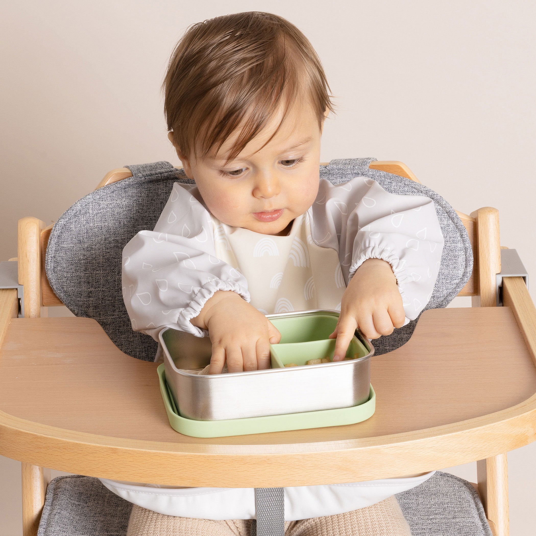 Nordic Smock Bib for Baby - Soft Grey & Sand Cotton Feeding Bib with Adjustable Straps - Perfect for Mealtime, Daycare, and Messy Play