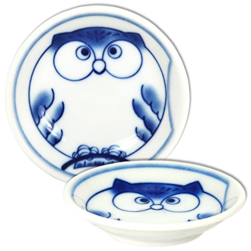 2-Piece Japanese 3.5-Inch Sushi Soy Sauce Dipping Dishes Set - Blue Owl Ceramic Bowls for Sushi, Dumplings & Asian Cuisine | Authentic Japanese Tableware for Restaurants & Home Dining