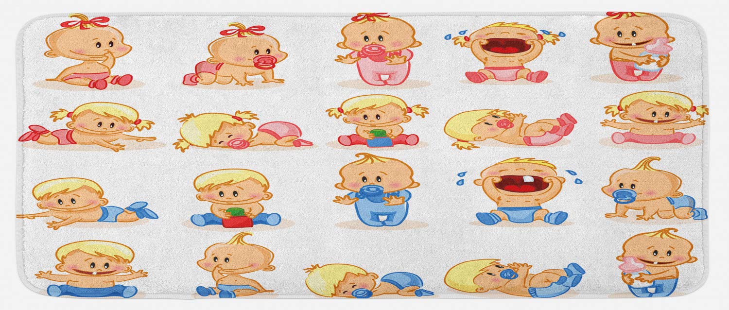 Ambesonne Non-Slip Kitchen Rug - Colorful Plush Mat with Crying, Sleeping & Smiling Characters, 47x19 Inches, Multicolor - Perfect for Modern Kitchens, Dining Areas & High-Traffic Spaces
