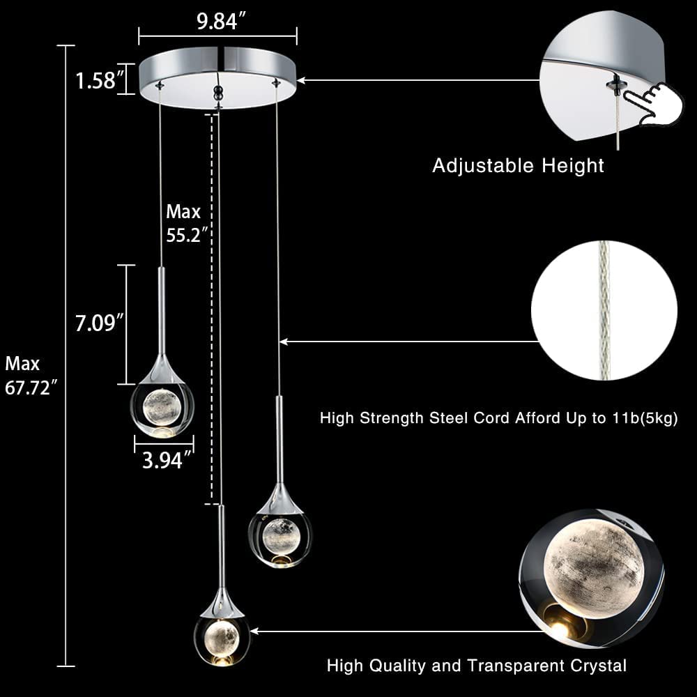 Modern Dimmable 3-Light Cluster Crystal Pendant Lighting Fixture - Chrome Finish for Kitchen Island, Bedroom, Living Room, Dining Room & Bar | Perfect for Ambient Lighting and Home Decor