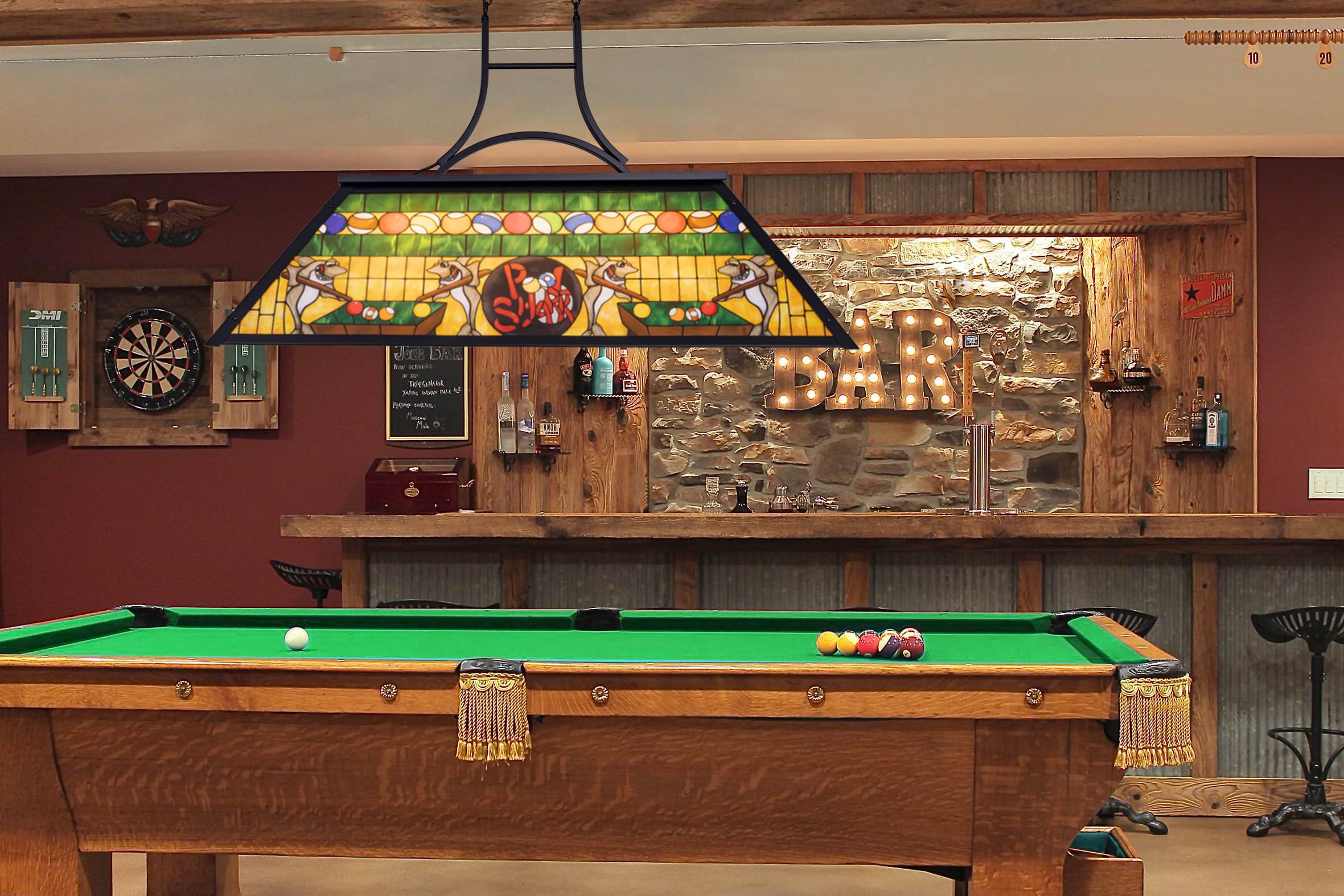 Vintage Pool Table Light Fixture - 3-Light Rustic Billiards Chandelier with Tiffany-Style Shark Shade - Perfect for Game Room, Man Cave, Club Bar, Farmhouse Dining Room & Kitchen Island Lighting
