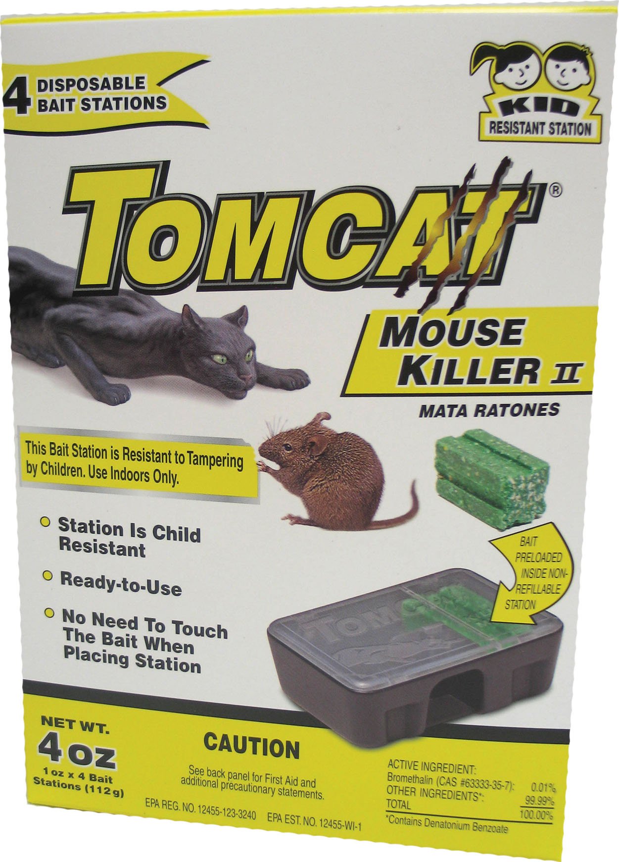 Tomcat Mouse Killer II, 4-Pack - Child Resistant Disposable Mouse Bait Station for Home & Garage Rodent Control - Effective Indoor & Outdoor Pest Solution
