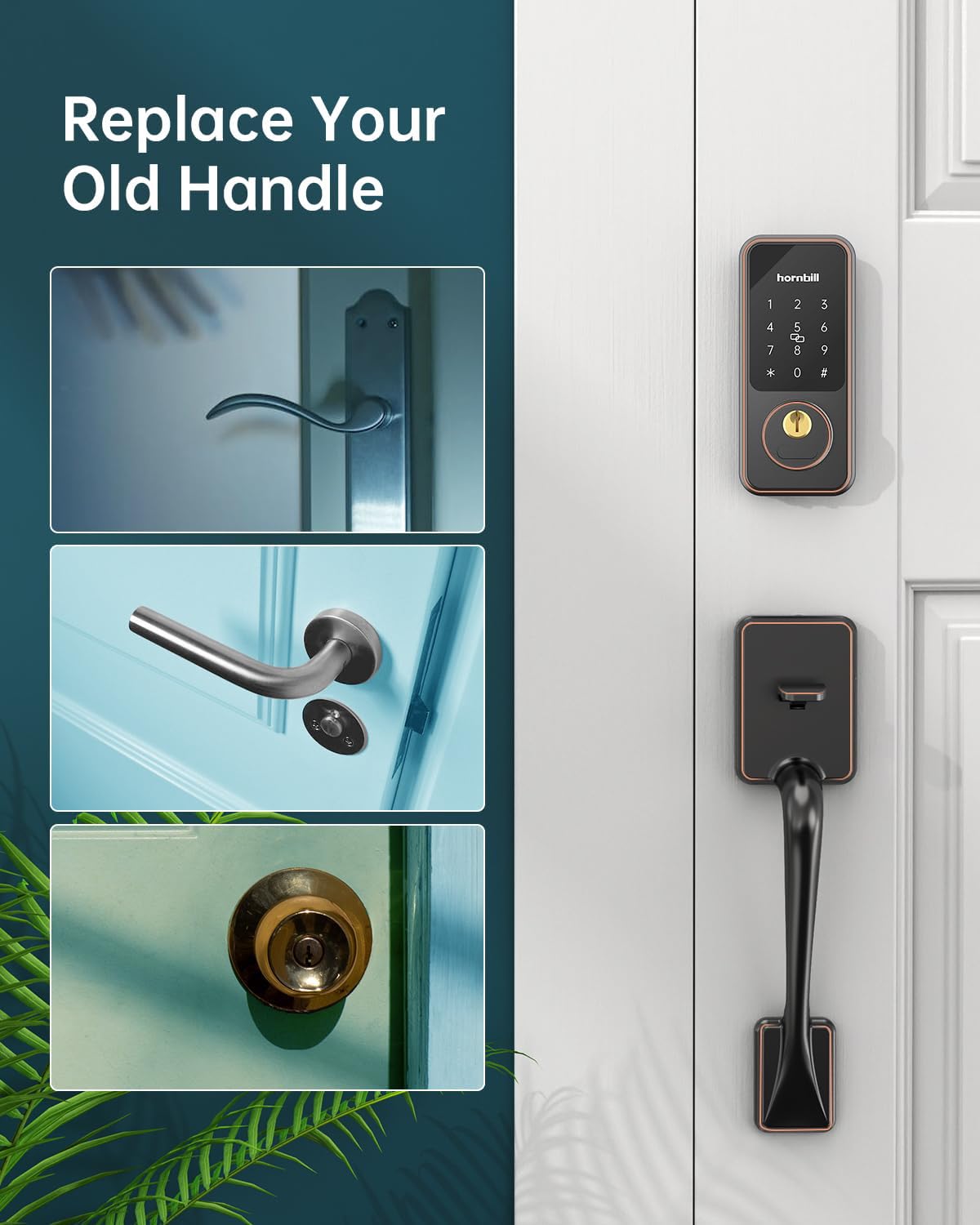 Keyless Entry Door Lock Set - Hornbill Smart Deadbolt with Handle, Bluetooth/APP Control, Auto Lock, Keyfobs & Keys, Oil Rubbed Bronze - Secure Front Door for Homes & Apartments