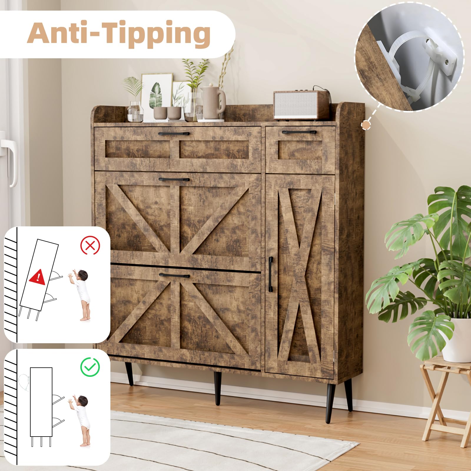 Farmhouse Shoe Storage Cabinet with 2 Flip Drawers & Adjustable Shelf - Rustic Brown Wooden Entryway Organizer with Barn Door & Metal Legs | Perfect for Small Spaces, Hallway, Mudroom & Closet Shoe Organization