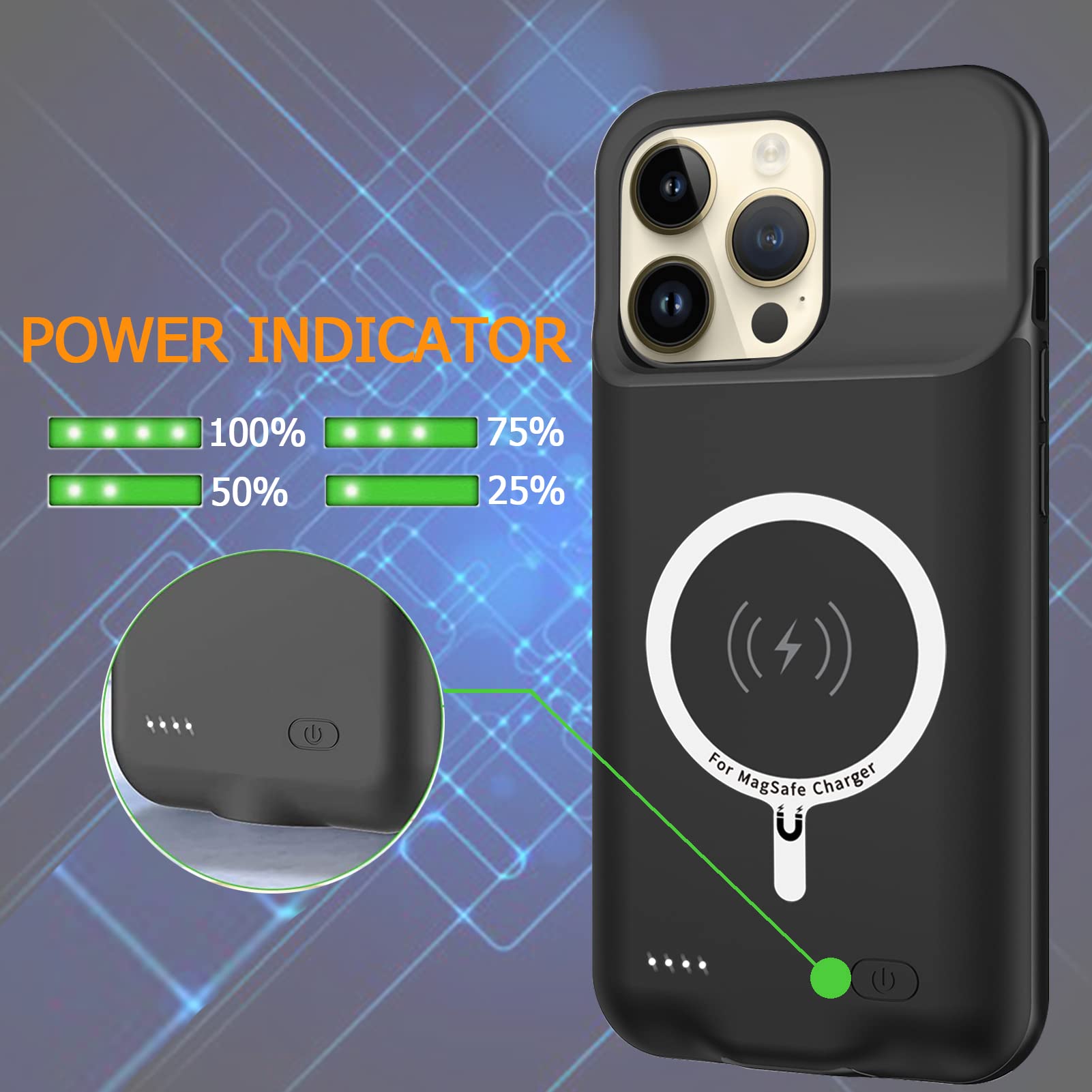 Upgraded 10800mAh Battery Case for iPhone 14 Pro Max (6.7 inch) - Rechargeable Portable Extended Battery Pack with Qi Wireless Charging Support - Black Charger Case | Perfect for Travel, Work & Outdoor Activities