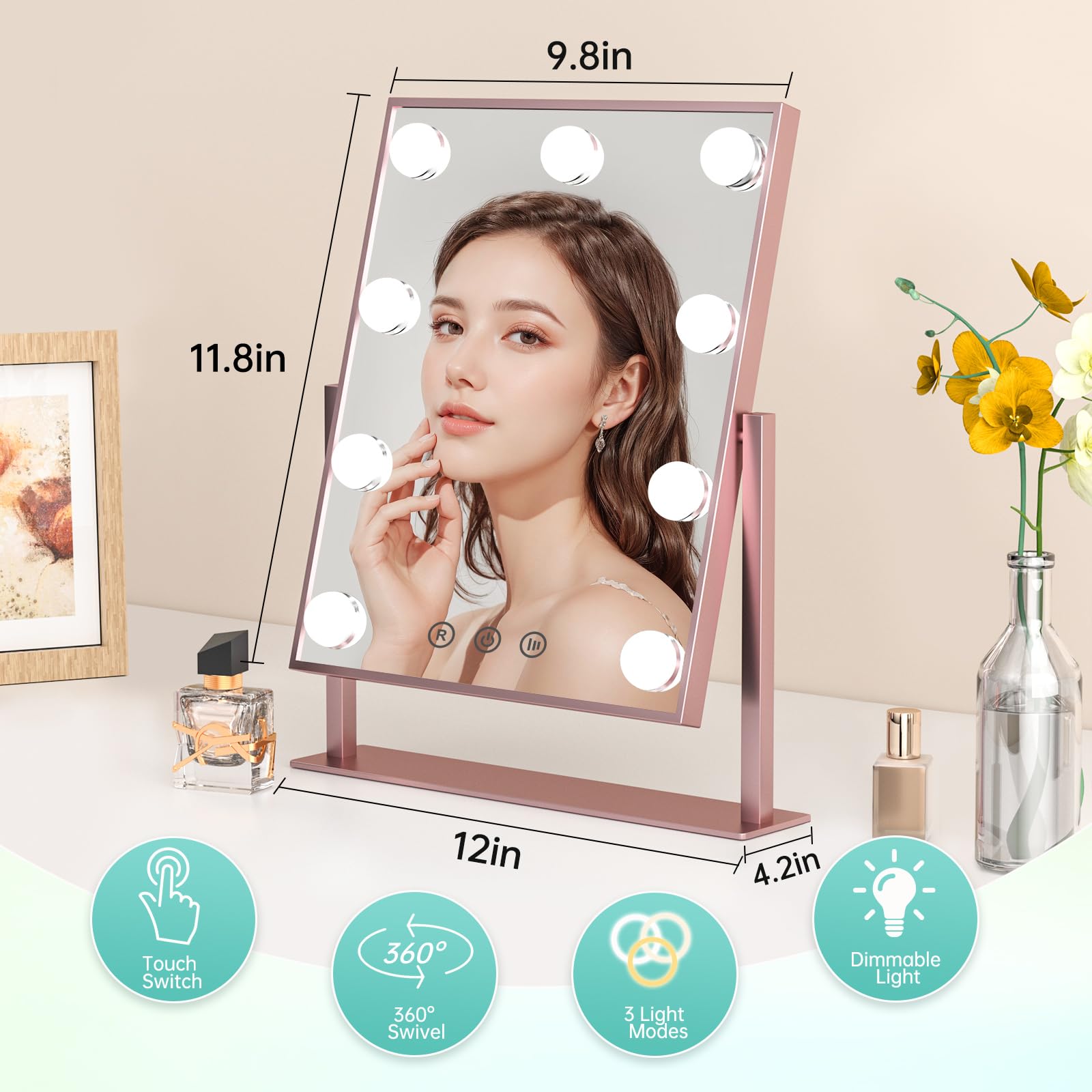 Professional Hollywood Vanity Makeup Mirror with LED Lights - 9 Dimmable Bulbs, 3 Color Modes & Touch Control - 360° Rotating Tabletop Mirror for Perfect Makeup Application (Bedroom, Dressing Room, Salon Use)