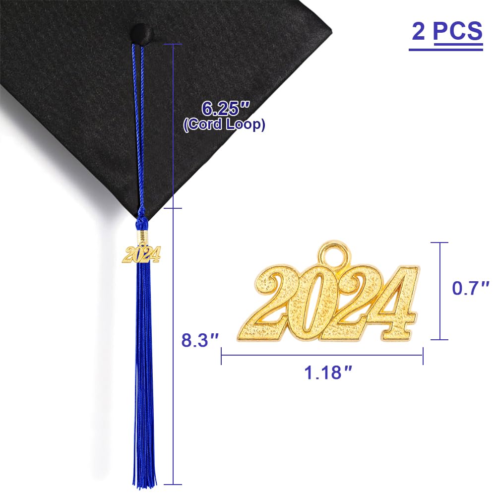 2 Pack 2024 Graduation Tassels with Year Charm - Blue Cap Tassel for High School & College Commencement Ceremonies, Graduation Party Decorations, Photo Props and Keepsakes