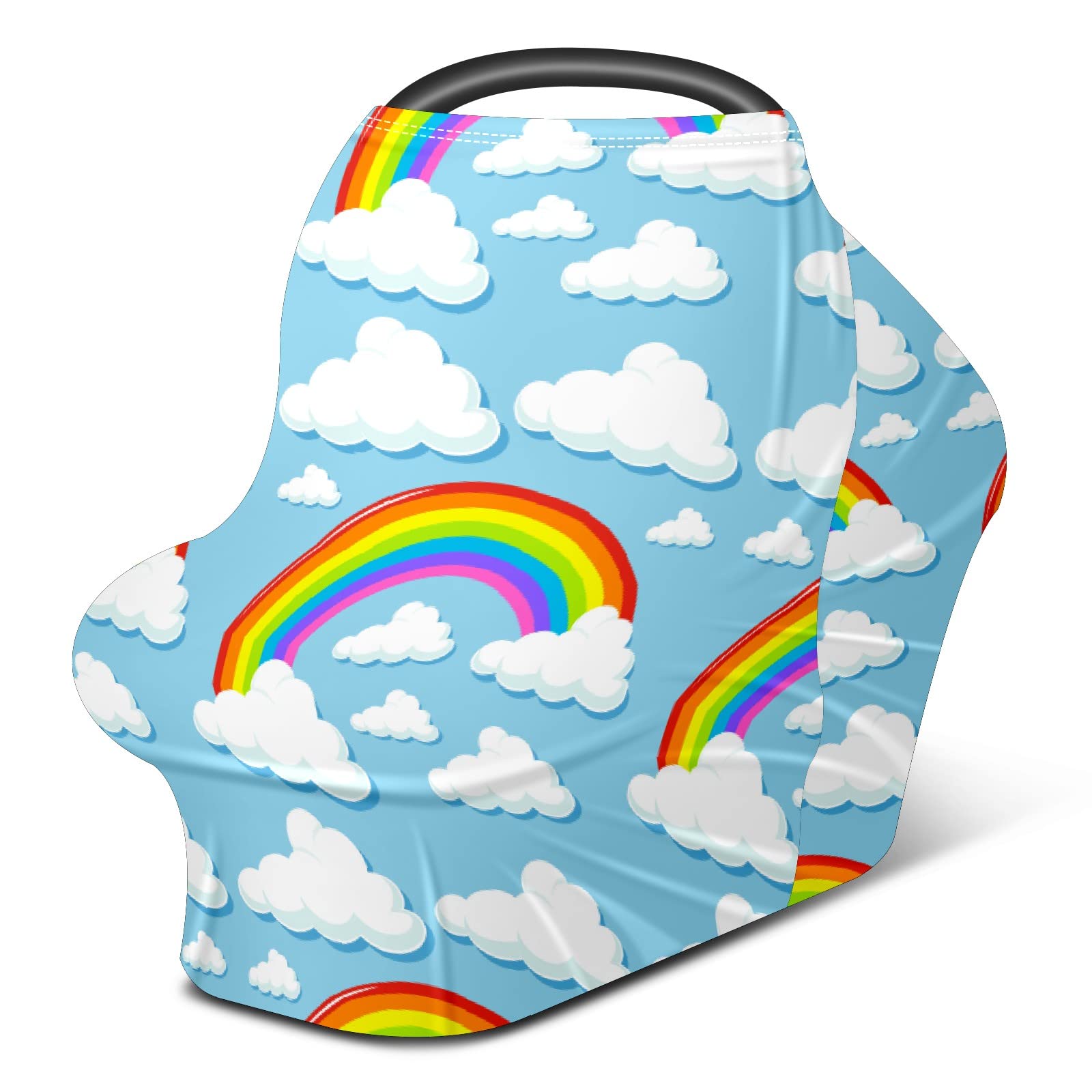 Soft Stretchy Baby Car Seat Cover & Nursing Scarf - Universal Car Canopy for Boys & Girls, Rainproof Stroller Cover with Clouds & Rainbows Design - Perfect for Breastfeeding, Travel, and Outdoor Protection