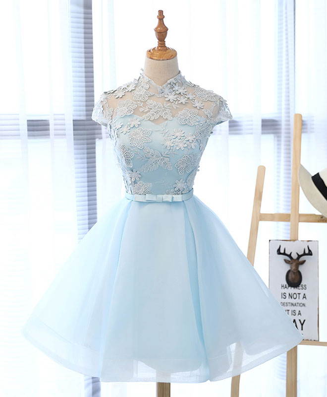 Light Blue Applique Short Prom Dress - Elegant Blue Homecoming Dress for Teens, Perfect for Dances, Parties & Special Occasions
