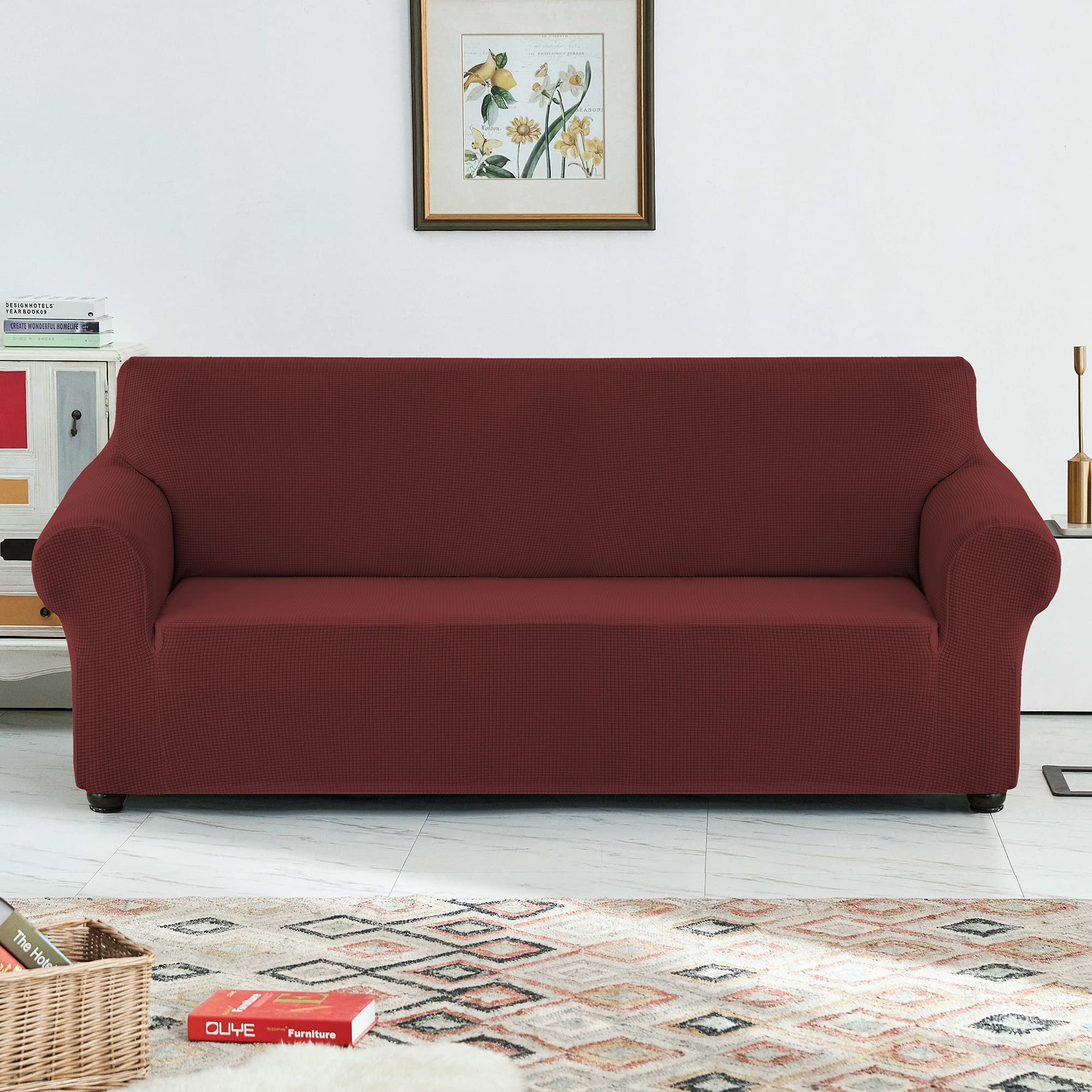 Stretch Sofa Slipcover Waterproof Couch Cover - Soft Furniture Protector with Elastic Bottom for Kids & Pets - Crimson (Large) - Perfect for Living Room, Family Room & Pet-Friendly Homes