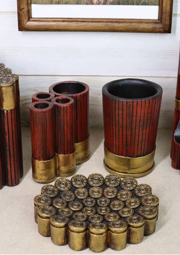 Ebros Gift Rustic Western Red & Gold 12 Gauge Shotgun Shell Bathroom Set - Soap Dish, Toothbrush Holder & Tumbler Cup - Country Home Decor for Hunters & Outdoors Fans - Perfect for Cabin, Lodge or Western-Themed Bathroom