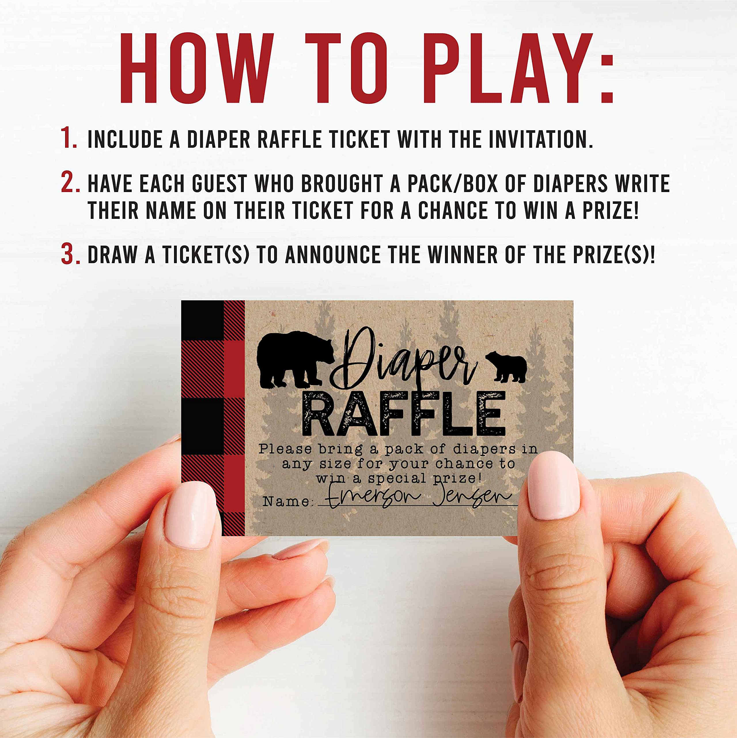Hadley Designs 25 Baby Shower Diaper Raffle Tickets - Lumberjack Theme for Boys, Baby Shower Games, Diaper Raffle Cards, Baby Raffle Tickets, Baby Shower Invitations - Perfect for Baby Shower Decorations, Party Favors and Gender Reveal Events