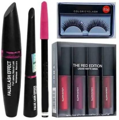 KAARM 3-in-1 Waterproof Mascara, Eyeliner & Kajal Set with 4-in-1 Mini Matte Lipstick and False Eyelashes Kit - Long Lasting Makeup for Party, Wedding & Daily Wear