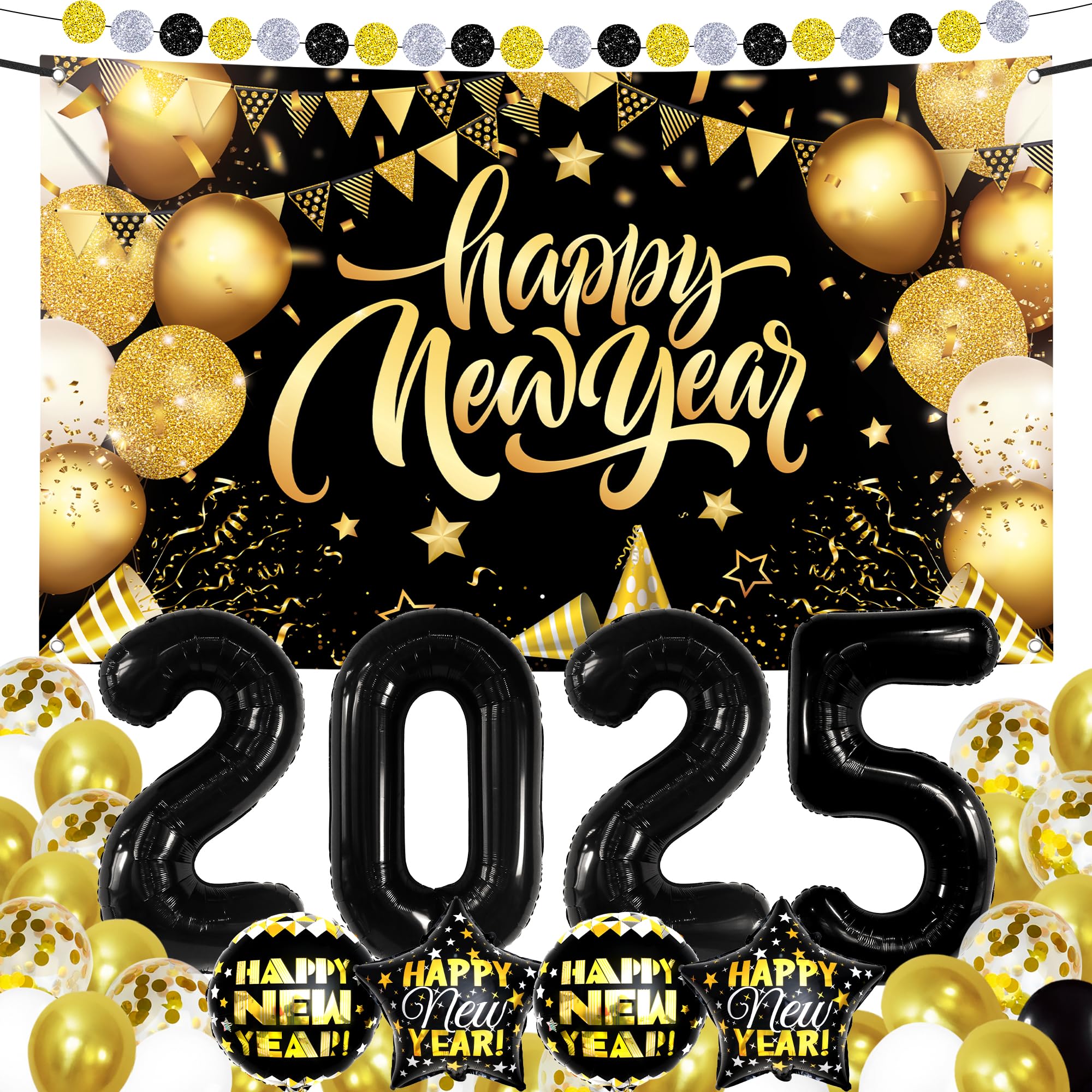 KatchOn 2025 New Year's Eve Party Decorations Set - 42-Piece Black & Gold NYE Party Supplies Kit with Banner, Balloon Numbers & Foil Balloons | Perfect for New Year Countdown, Home Decor & Holiday Celebrations