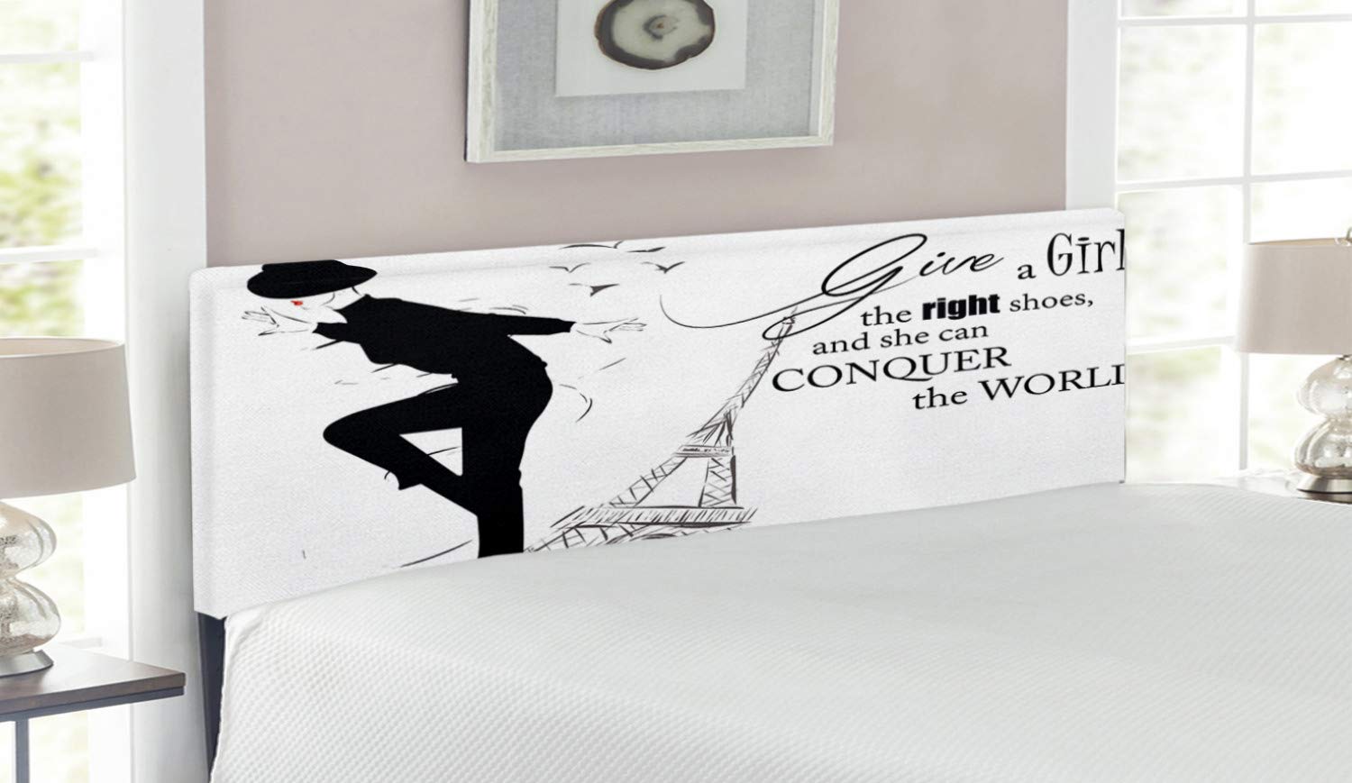 Ambesonne Queen Size Upholstered Headboard - Black & White Eiffel Tower Print with Memory Foam | Decorative Metal Bed Frame for Teen Room | Modern Parisian Chic Bedroom Decor | Perfect for Girls' Dorm, Apartment & Guest Room