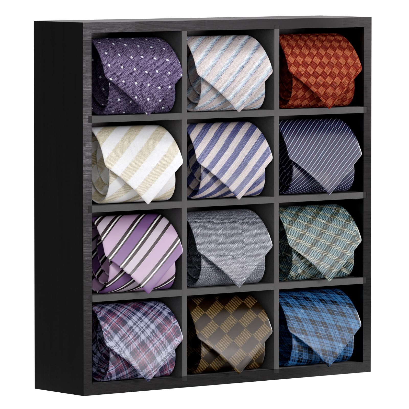 Bamboo Wall Mounted Tie Organizer - Holds 16 Ties, 12 Grids Black Tie Rack for Men | Space-Saving Closet Storage & Necktie Display for Home & Office Organization