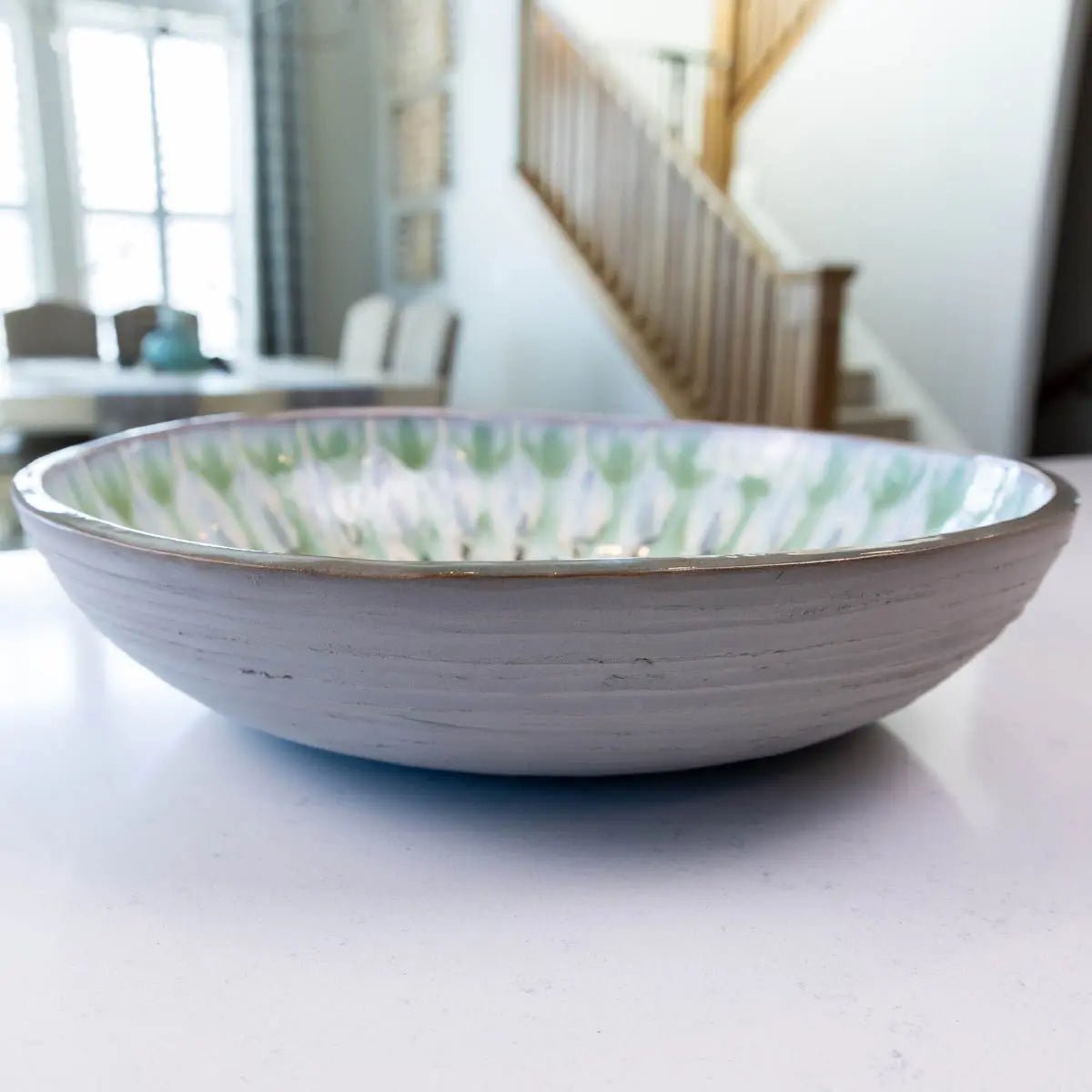 XXL Gray Stoneware Serving Bowl - Handcrafted Decorative Bowl with Swirl & Green Design (Alchemy Collection) - Perfect for Entertaining, Home Decor & Kitchen Use