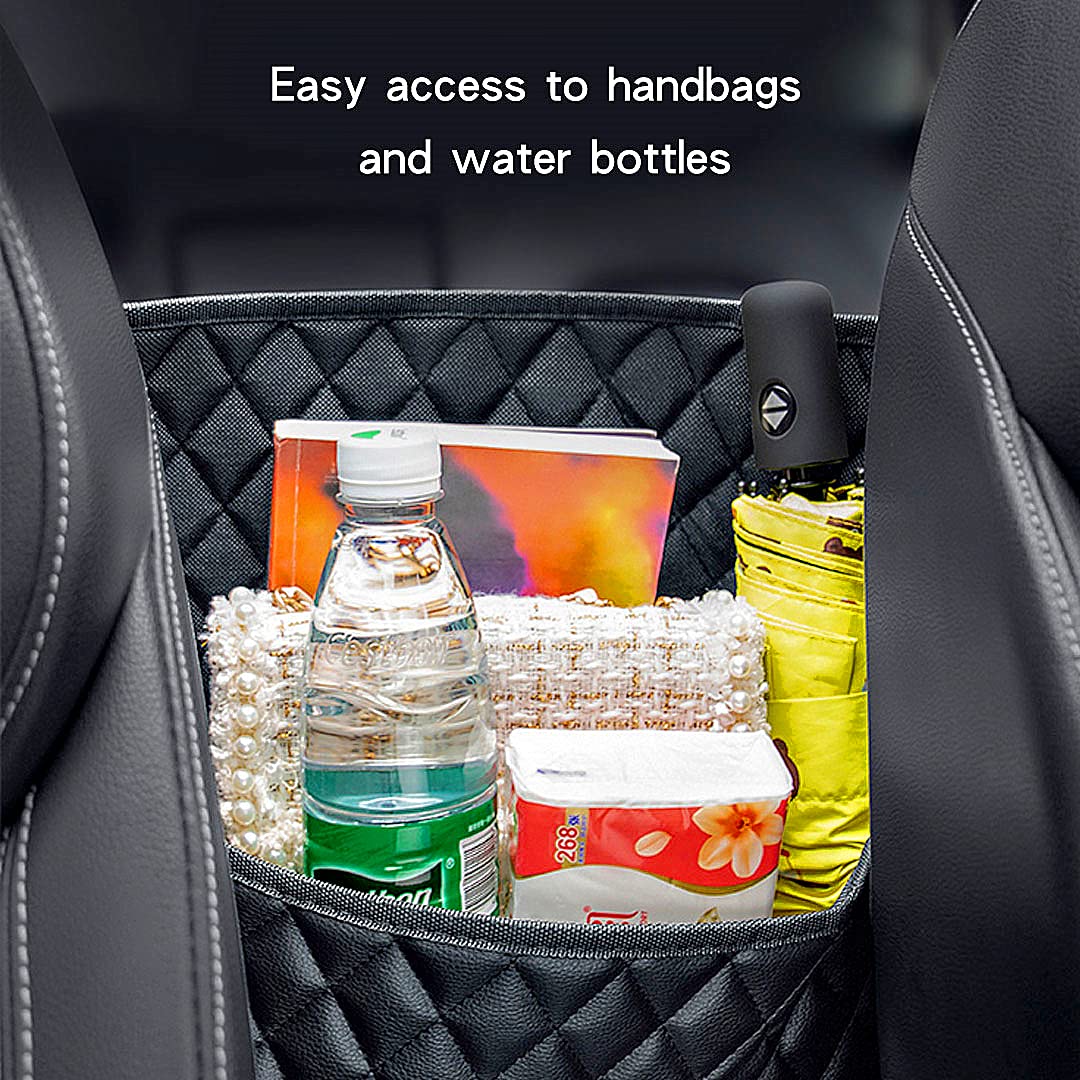 Premium Car Handbag & Wallet Holder - Leather Back Seat Storage Organizer with Child/Pet Barrier - Perfect for Handbags, Purses & Accessories Between Seats (Black) - Ideal for Road Trips, Family Travel & Daily Commute