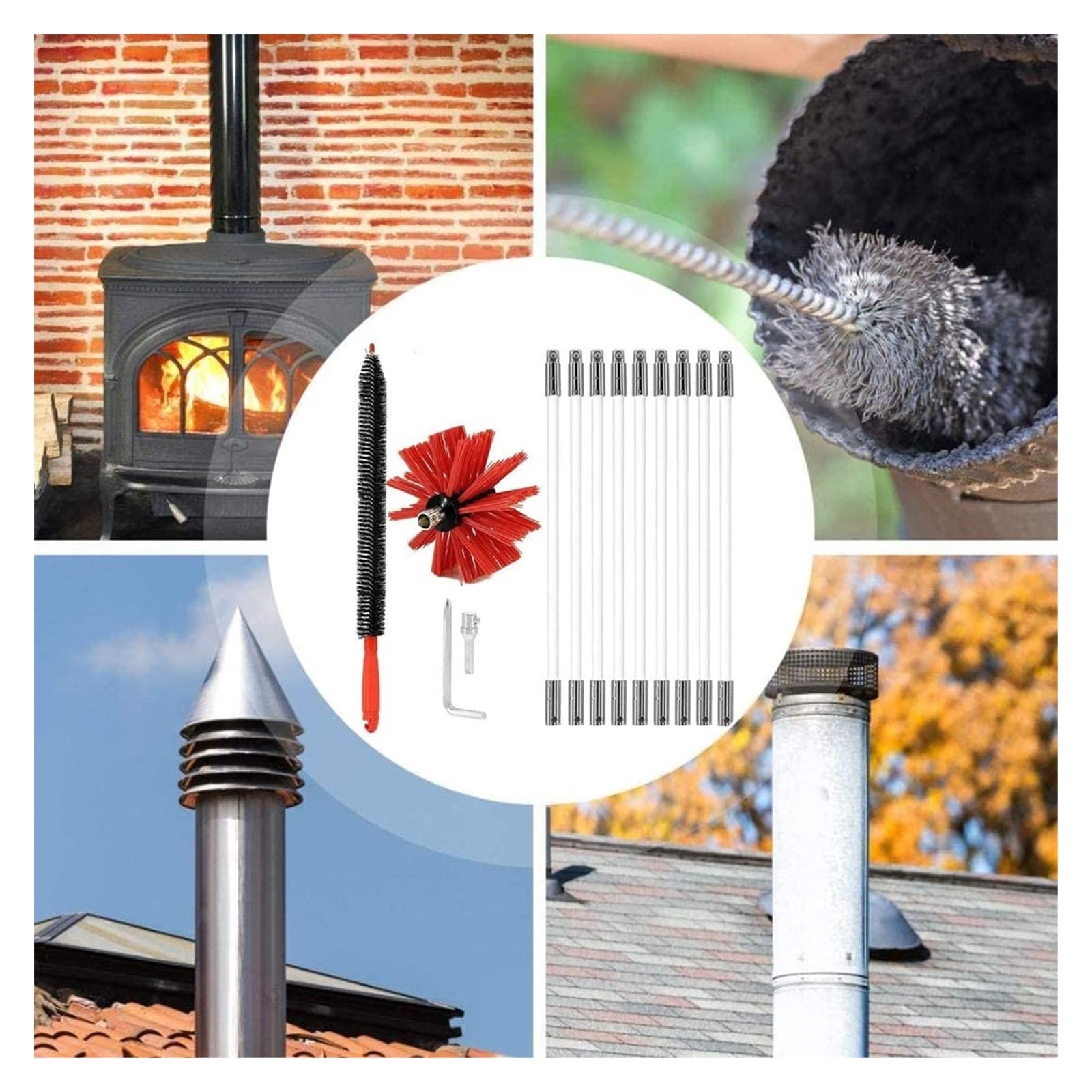 Professional Chimney Sweep Kit with 15 Flexible Rods (610mm) - Dryer Vent Cleaning Brush, Rotary Chimney Cleaner & Radiator Brush for Home Maintenance | Perfect for Fireplace, HVAC & Appliance Vent Cleaning