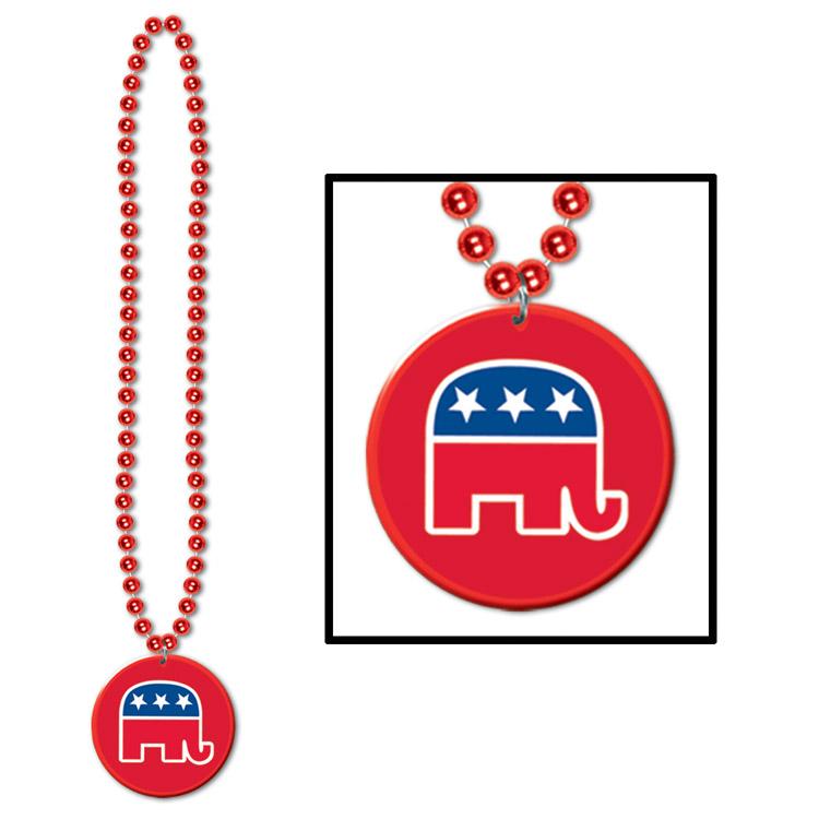 12 Pack Beistle Bead Necklaces with Republican Party Medallions - Patriotic Party Favors for Election Campaigns, Political Rallies & 4th of July Celebrations